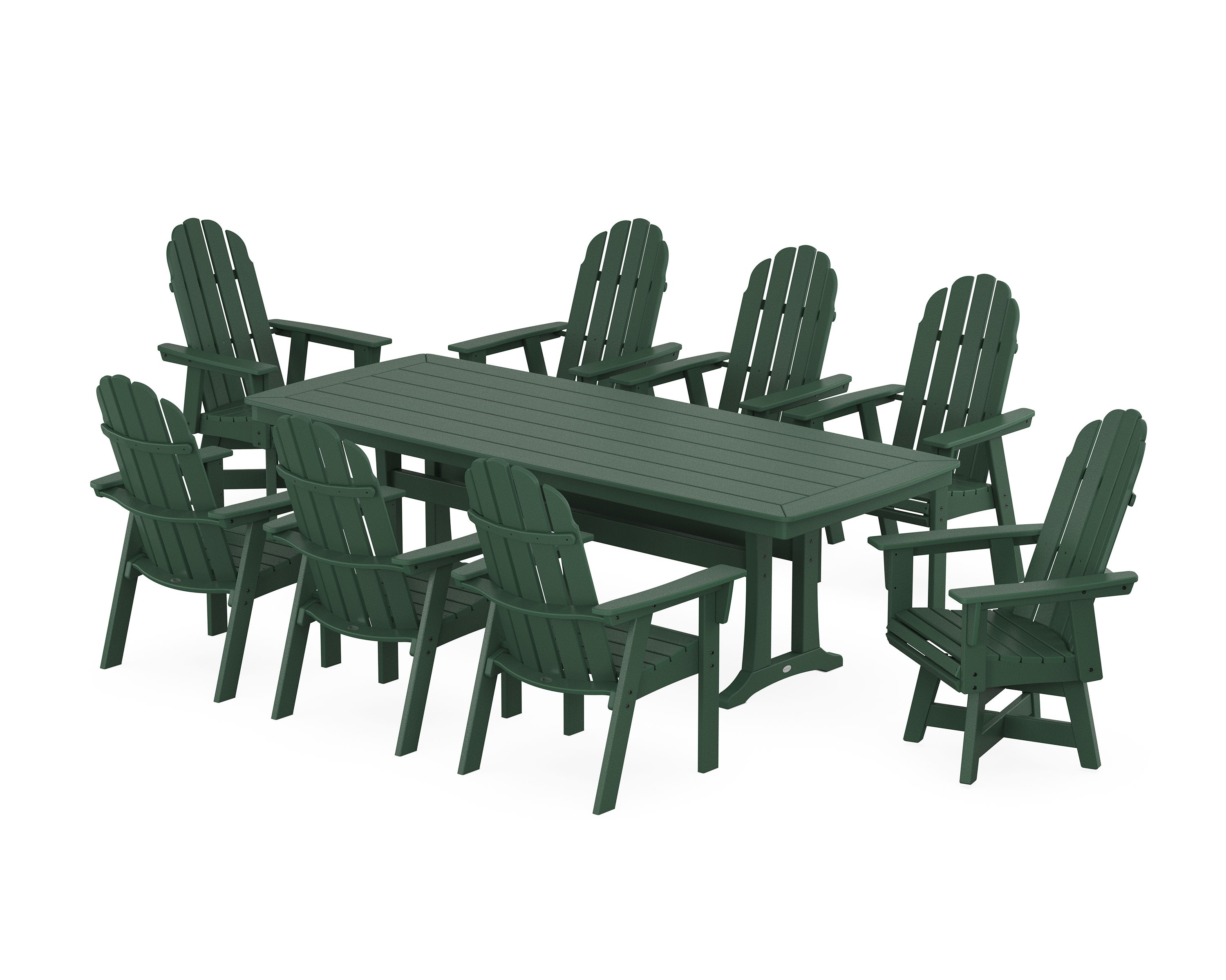 Vineyard Curveback Adirondack Swivel 9-Piece Dining Set with Trestle Legs in Green
