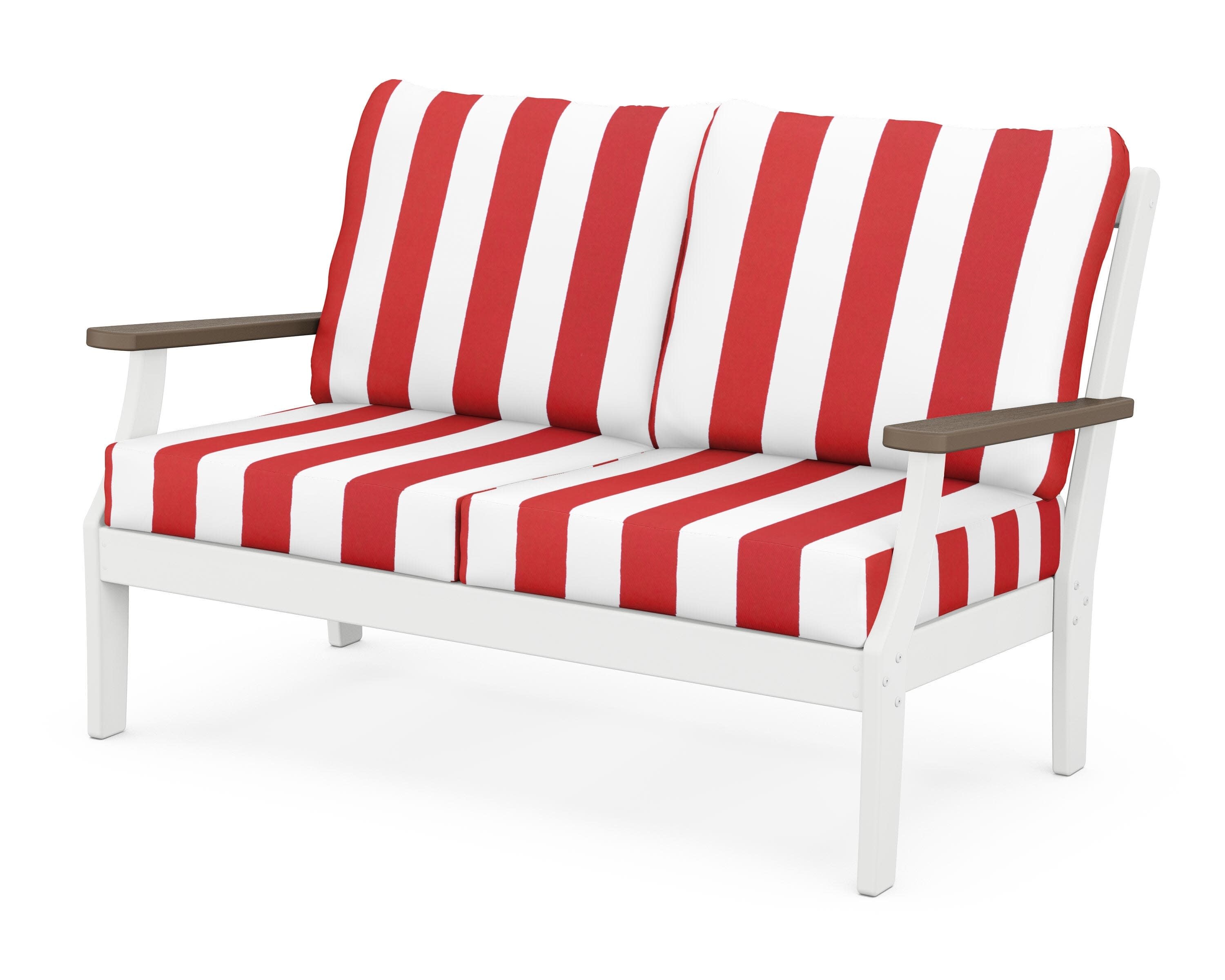 Braxton Deep Seating Loveseat in White / Kona / Cabana Stripe Crimson