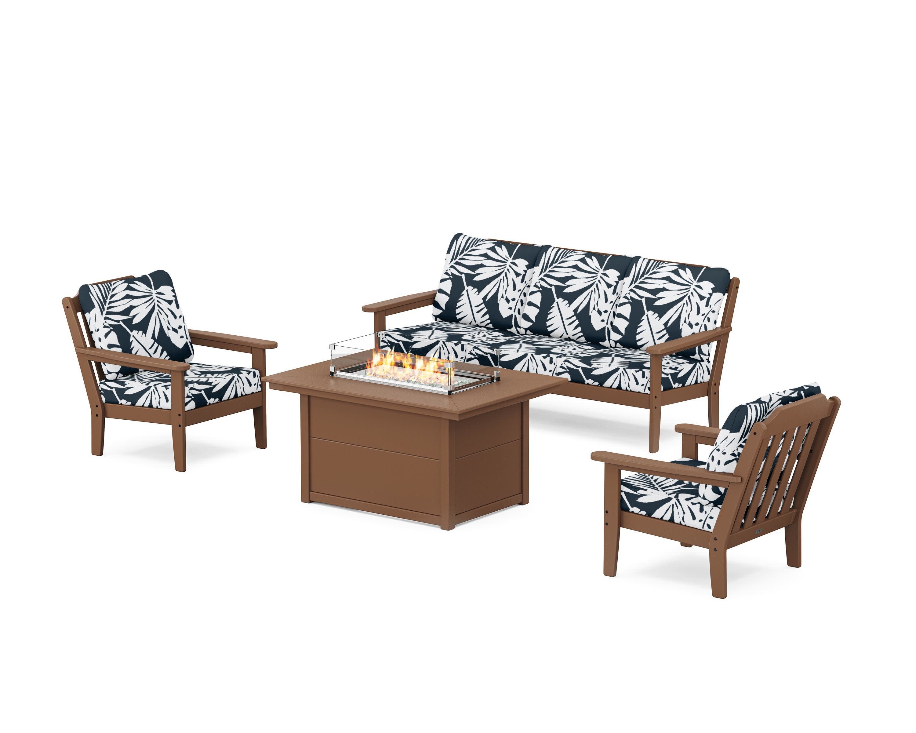 Cottage Deep Seating Fire Pit Table Set in Teak / Leaf Marine Indigo