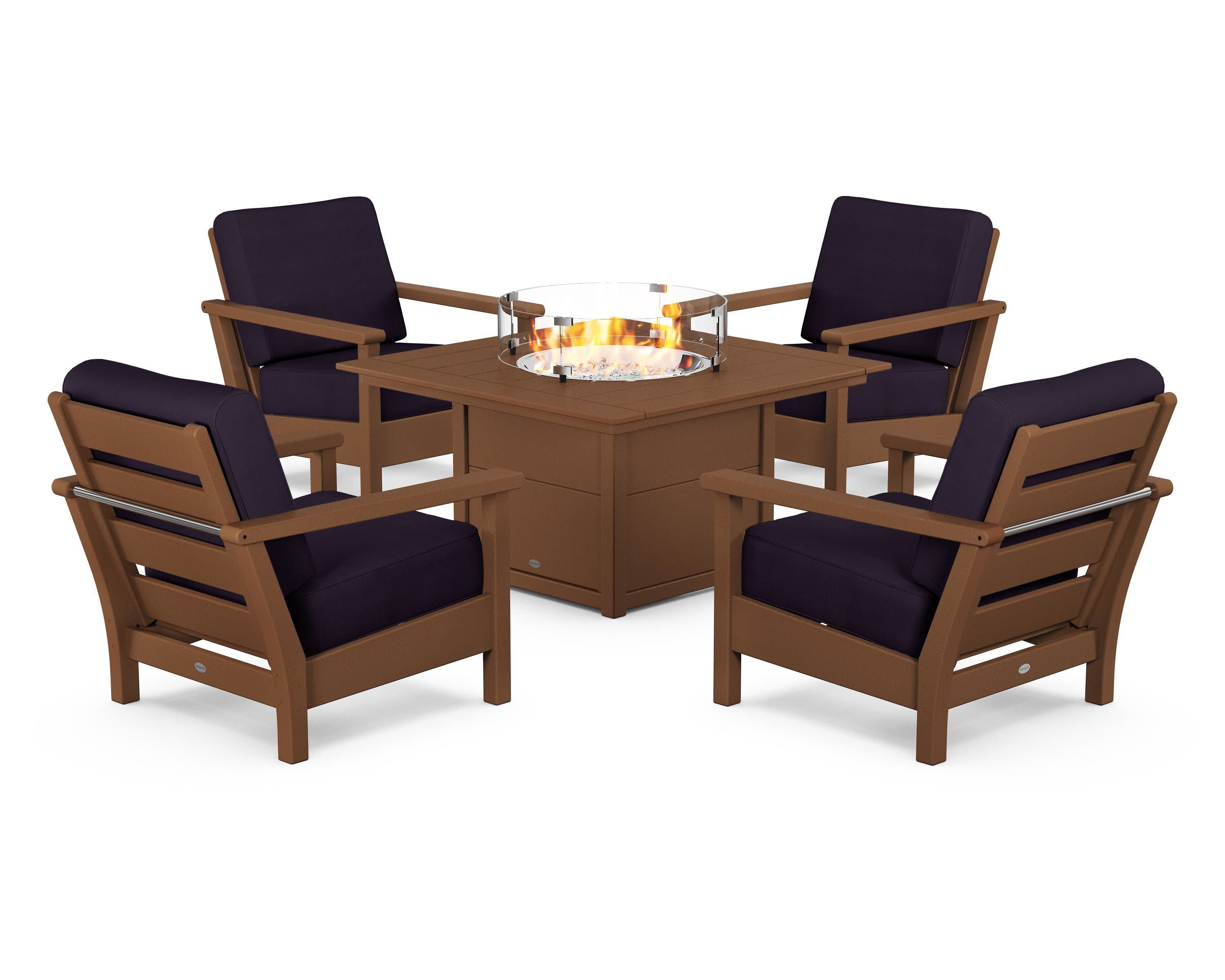 Harbour 5-Piece Conversation Set with Fire Pit Table in Teak / Navy Linen