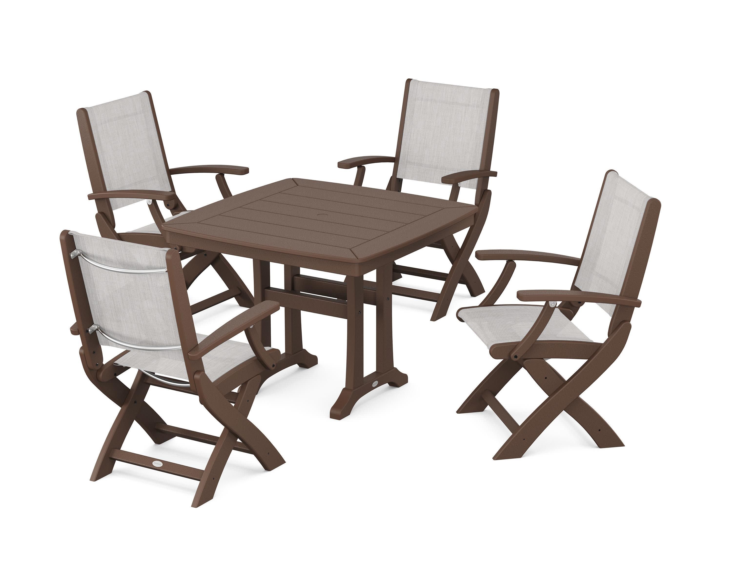 Coastal Folding Chair 5-Piece Dining Set with Trestle Legs in Mahogany / Parchment Sling