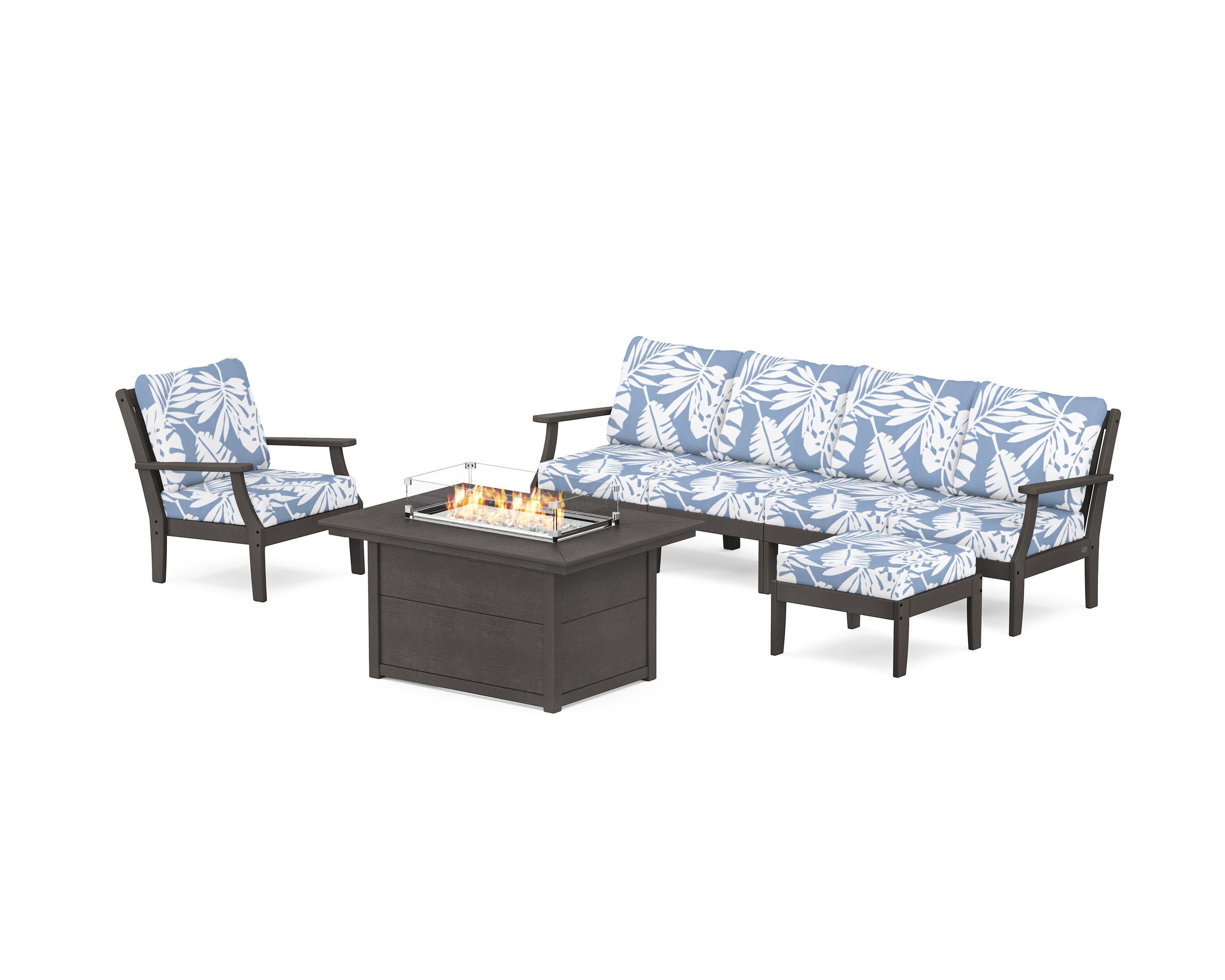 Braxton Sectional Lounge and Fire Pit Set in Vintage Coffee / Leaf Sky Blue