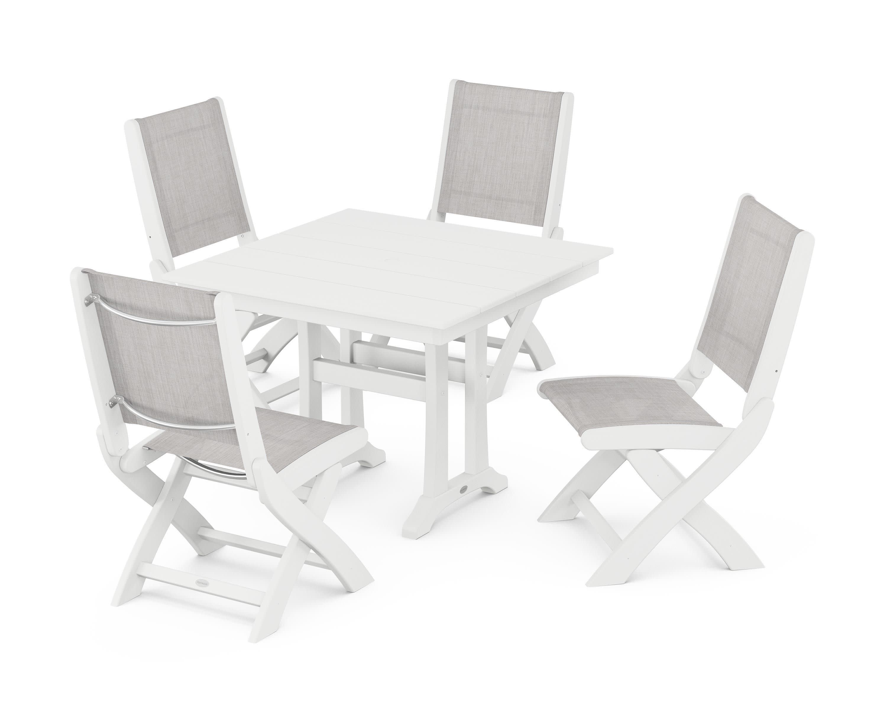 Coastal Folding Side Chair 5-Piece Farmhouse Dining Set With Trestle Legs in White / Parchment Sling