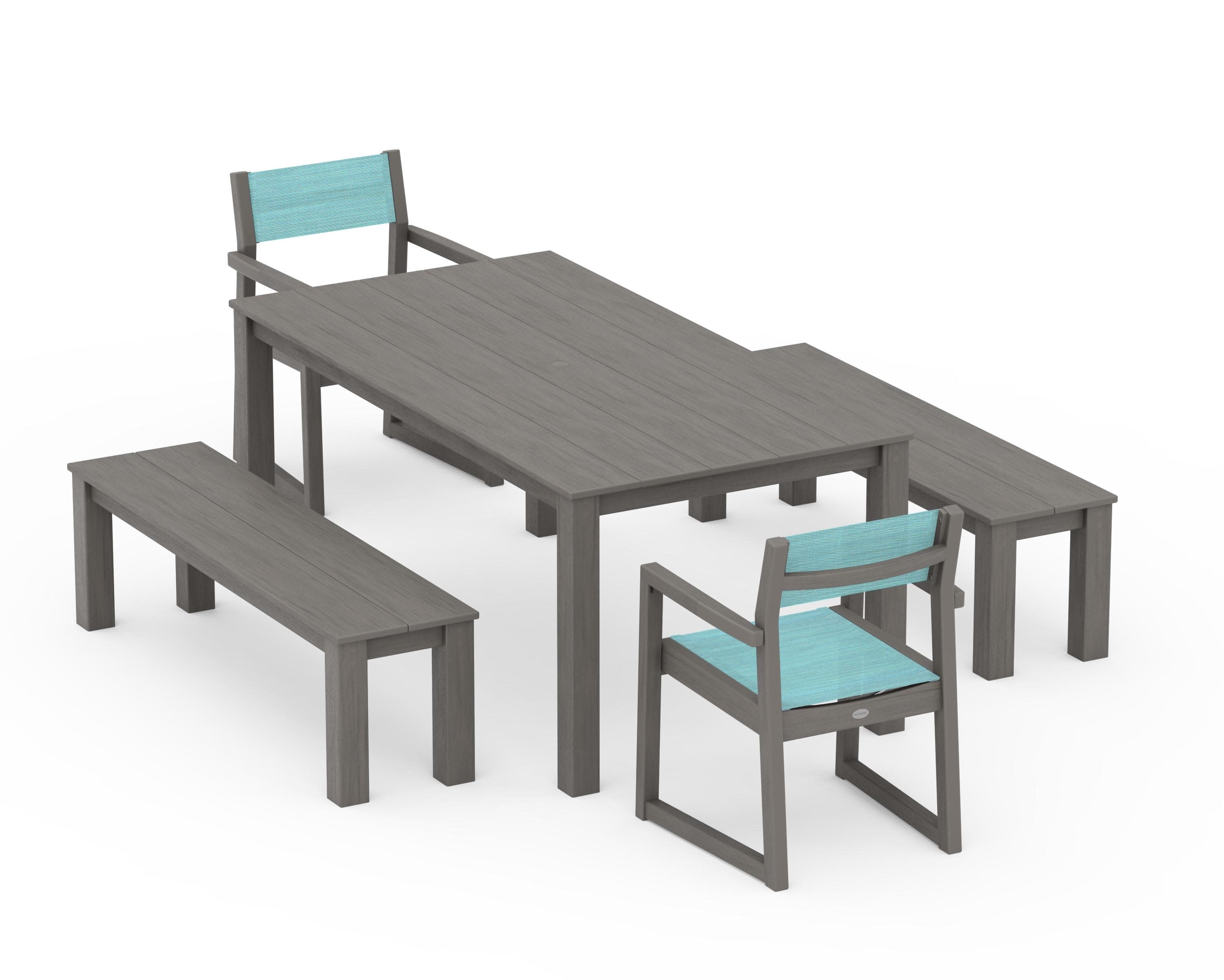 EDGE Sling Arm Chair 5-Piece Parsons Dining Set with Benches in Driftwood / Dupioni Aquamarine Sling