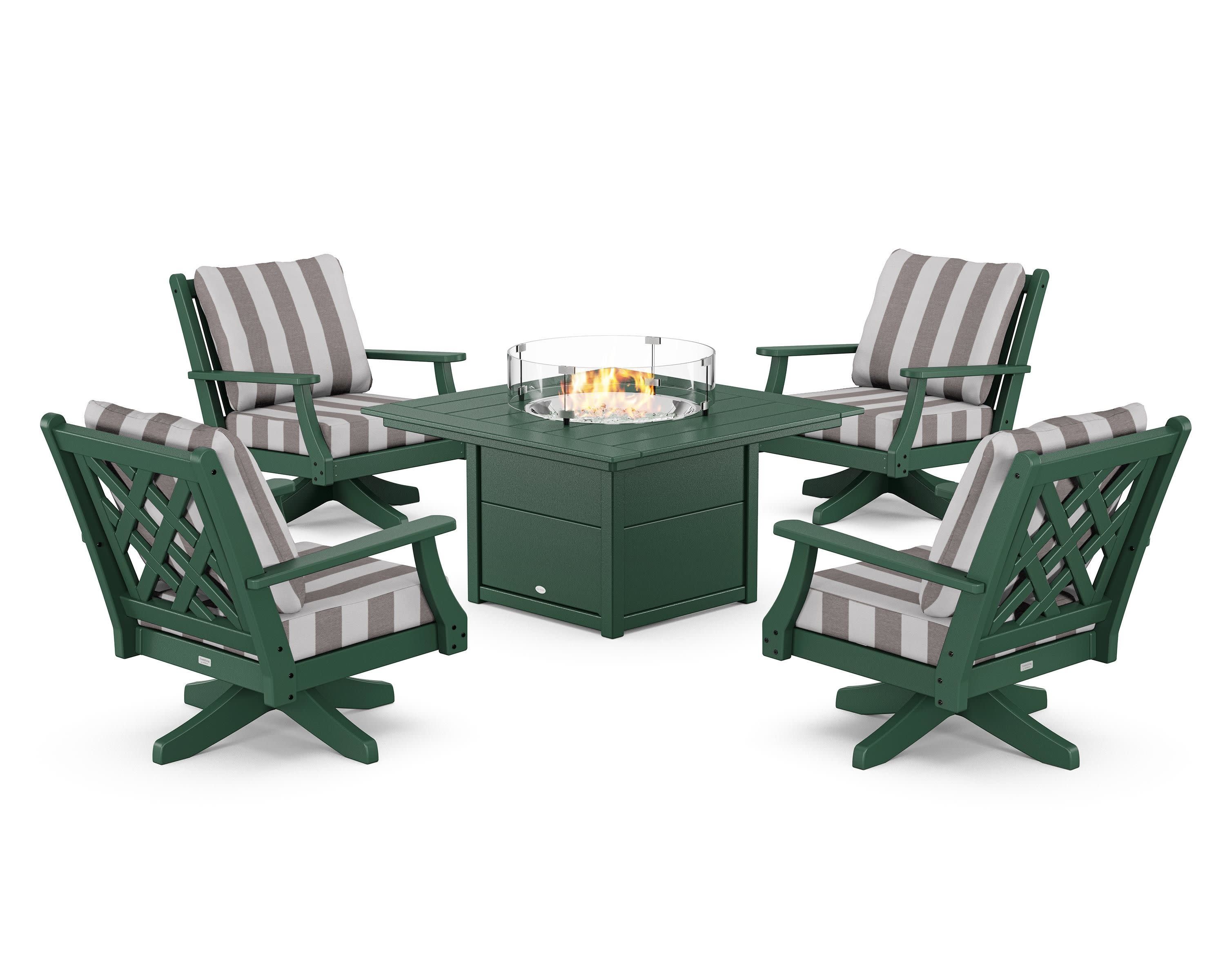 Wovendale 5-Piece Deep Seating Swivel Conversation Set with Fire Pit Table in Green / Cabana Stripe Grey Mist