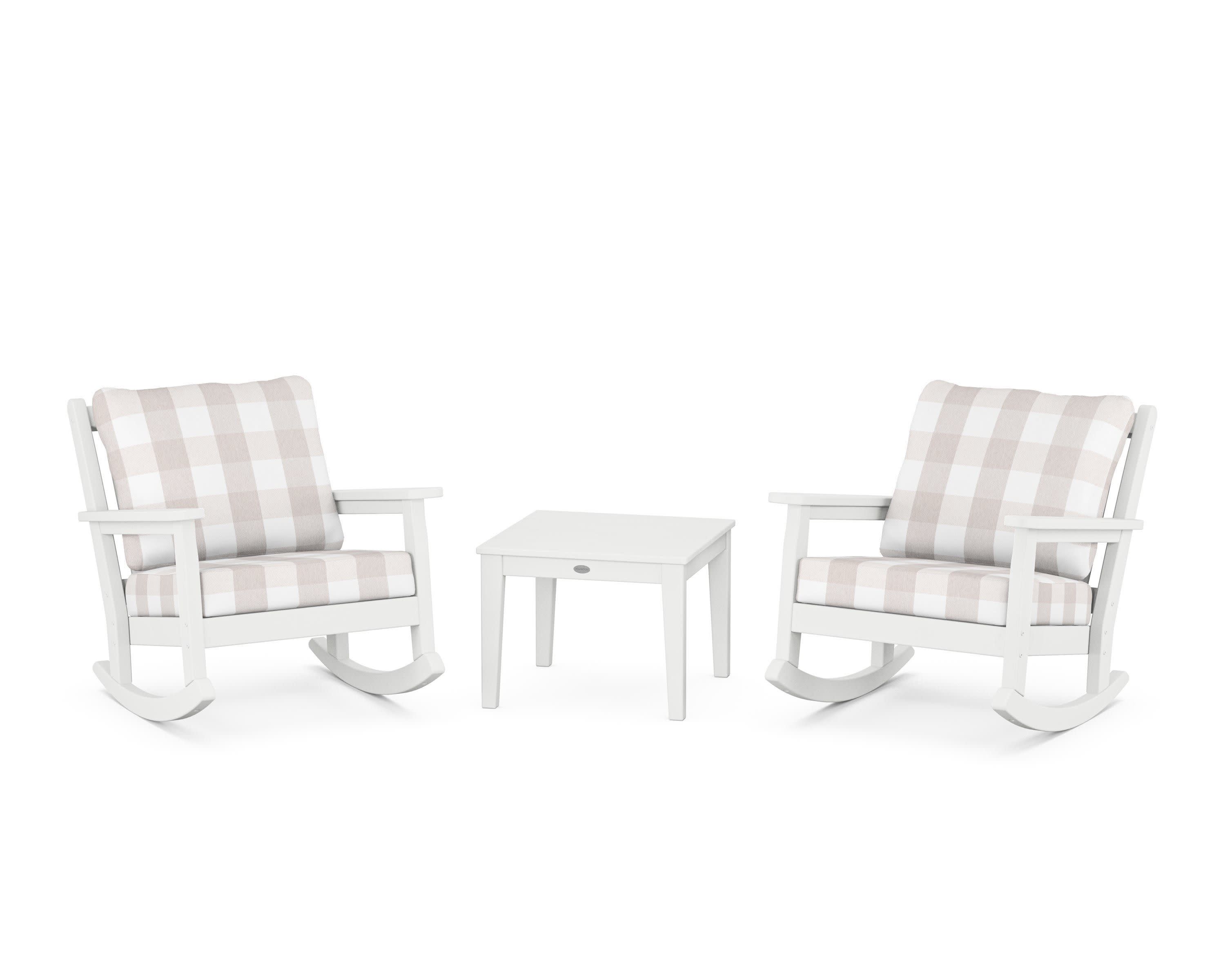 Chippendale 3-Piece Deep Seating Rocker Set in White / Buffalo Plaid Dune Burlap