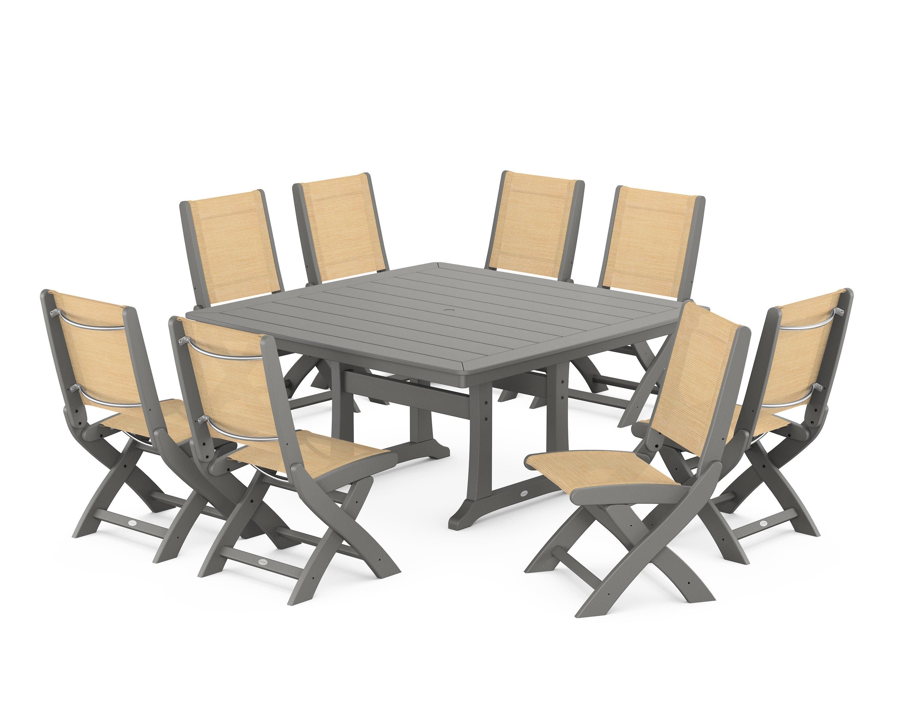 Coastal Folding Side Chair 9-Piece Dining Set with Trestle Legs in Slate Grey / Dupioni Apricot Sling