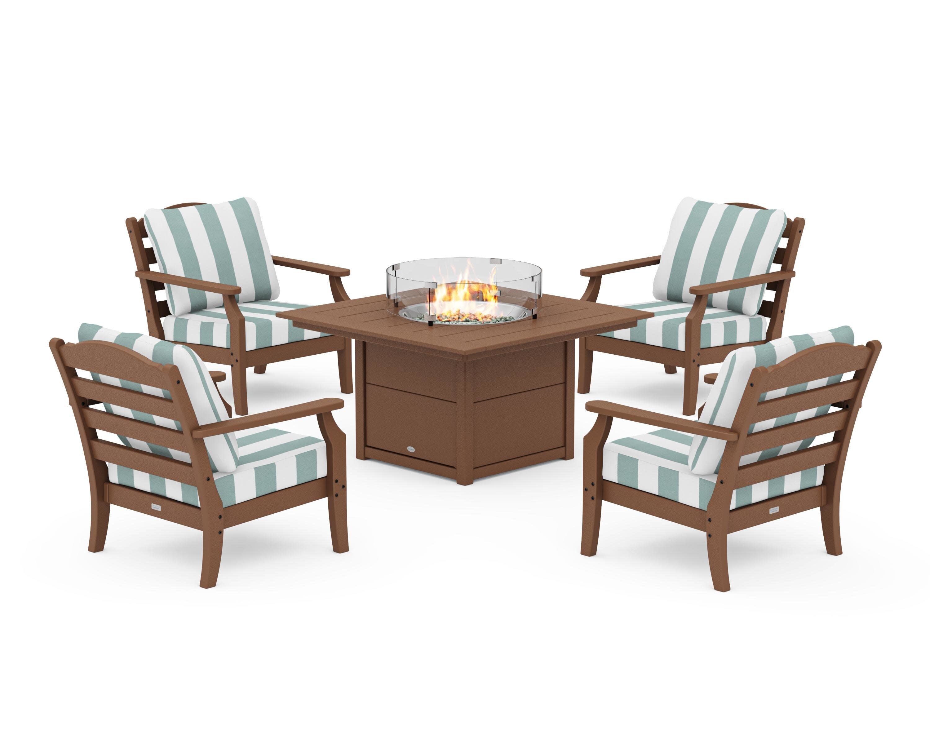 Savannah 5-Piece Deep Seating Set with Fire Pit Table in Teak / Cabana Stripe Glacier Spa