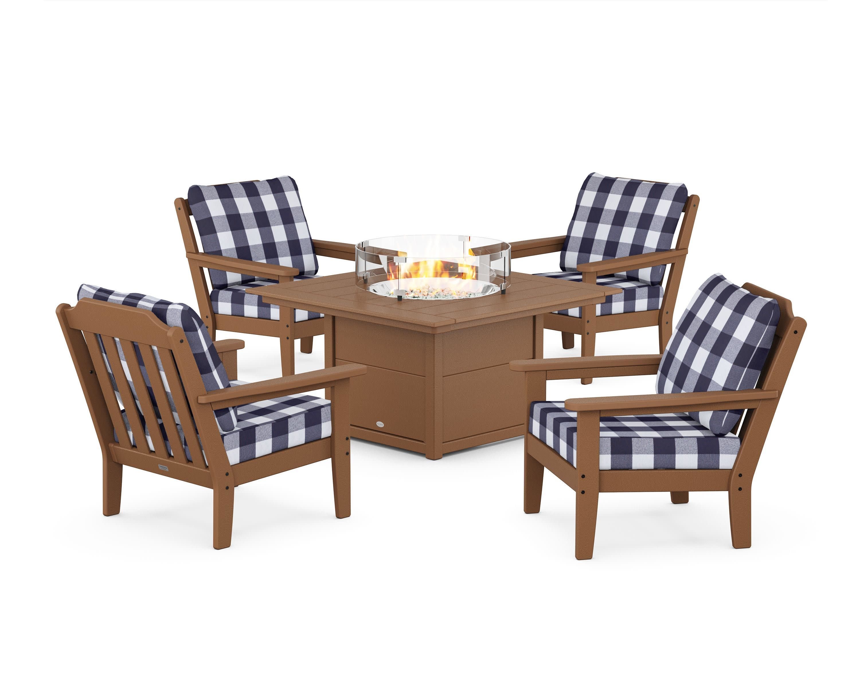 Cottage 5-Piece Deep Seating Set with Fire Pit Table in Teak / Buffalo Plaid Navy