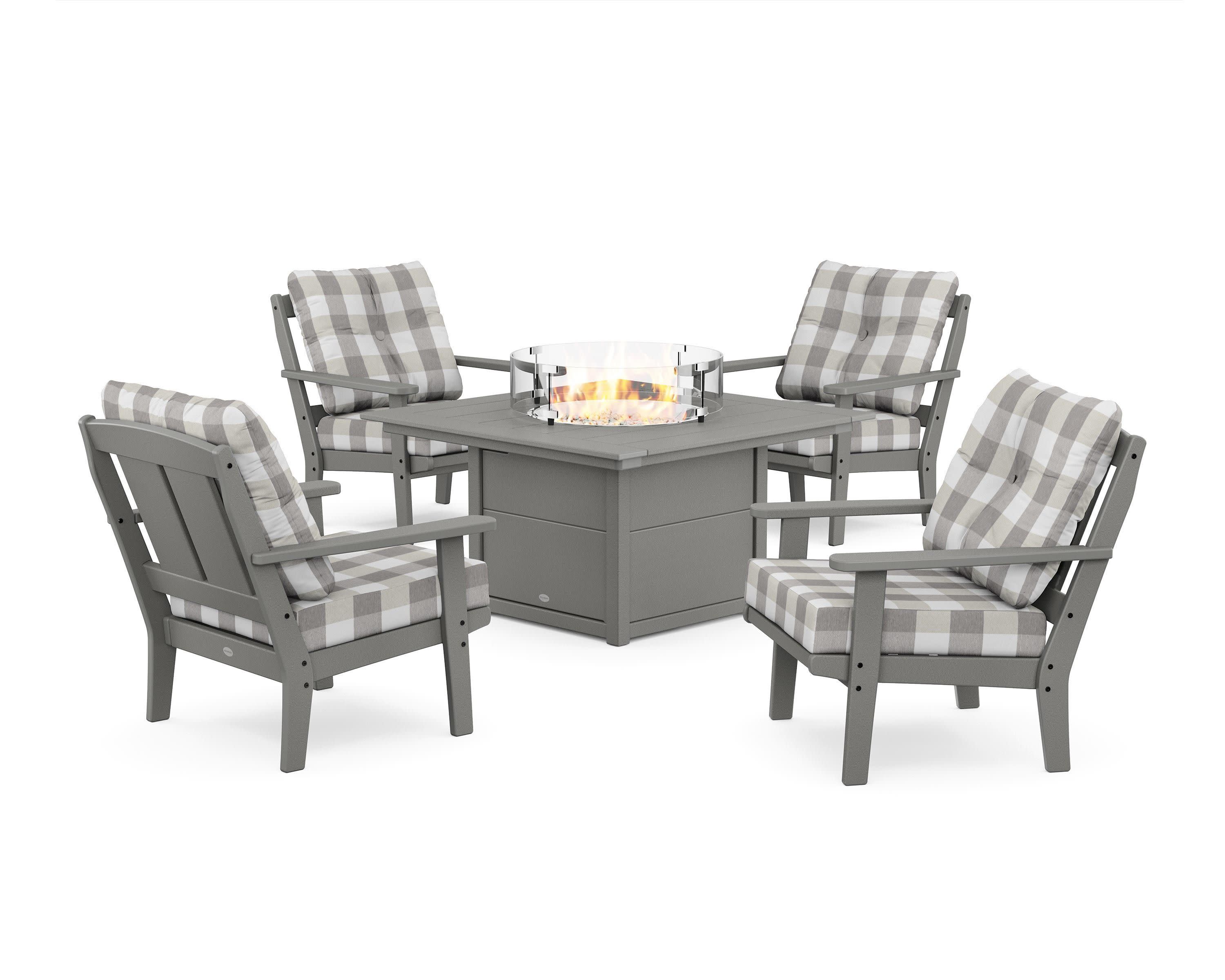 Mission 5-Piece Deep Seating Set with Fire Pit Table in Slate Grey / Buffalo Plaid Grey Mist