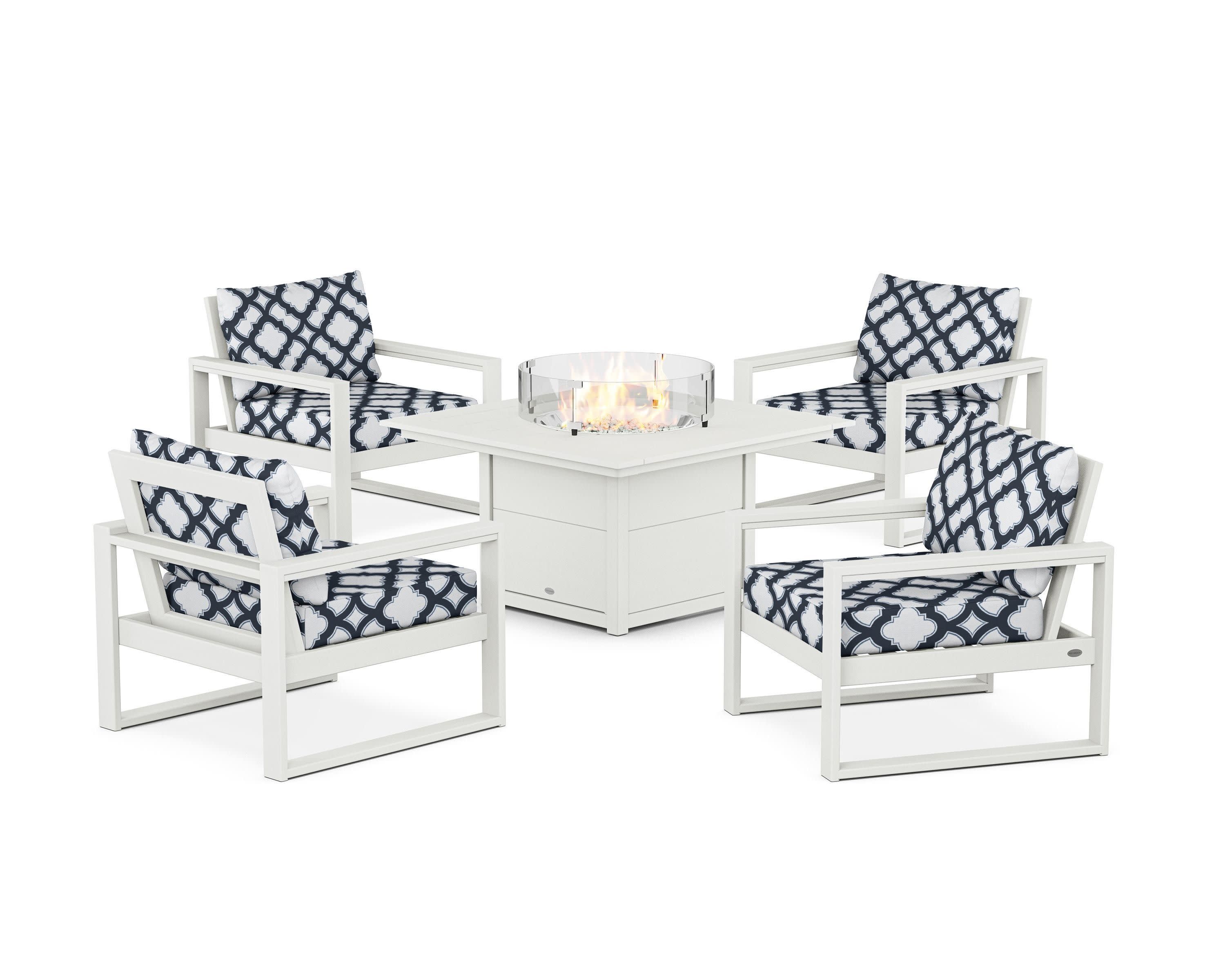 EDGE Sectional 5-Piece Deep Seating Set with Fire Pit Table in Vintage White / Trellis Marine Indigo