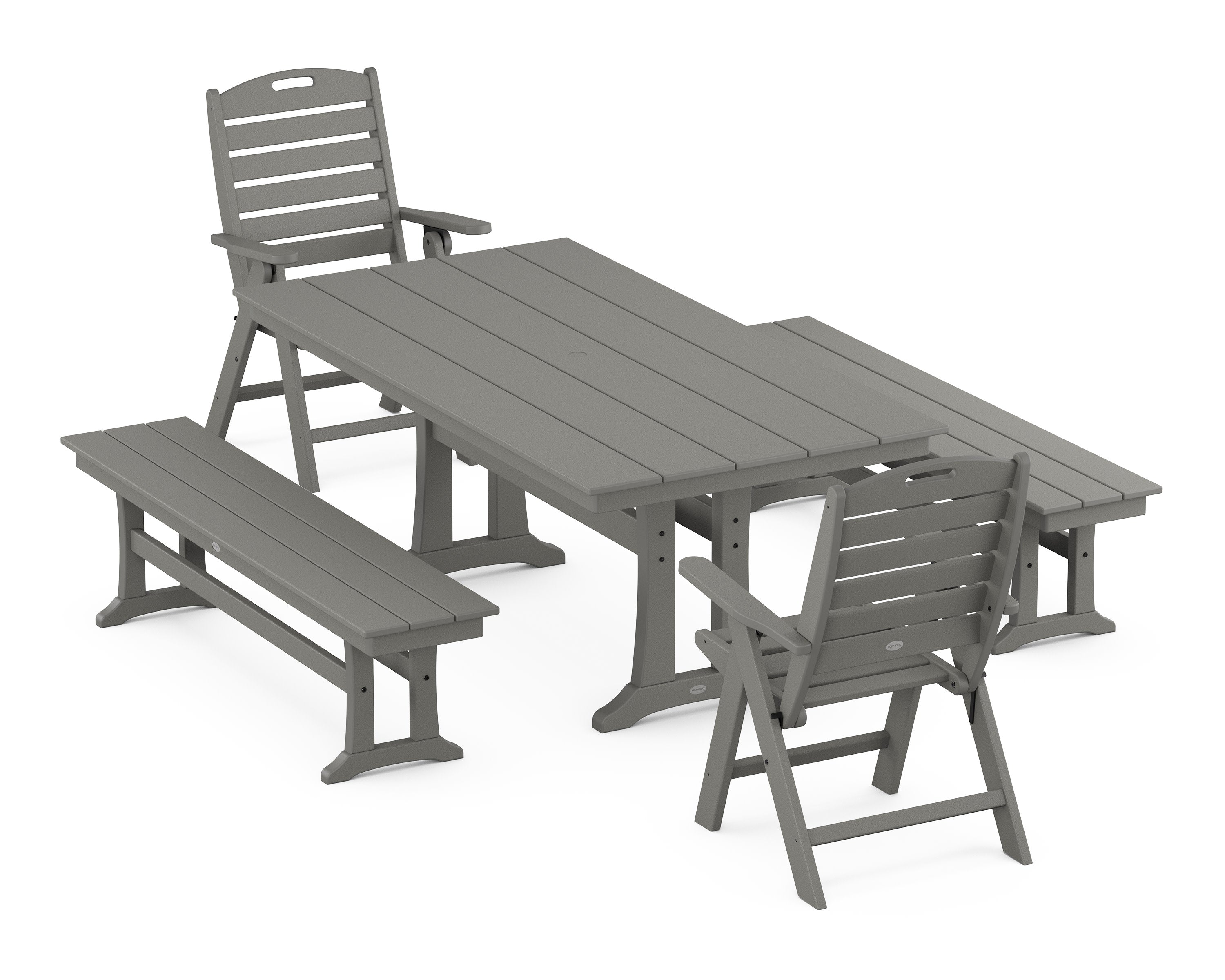 Nautical Folding Highback Chair 5-Piece Farmhouse Dining Set With Trestle Legs and Benches in Slate Grey