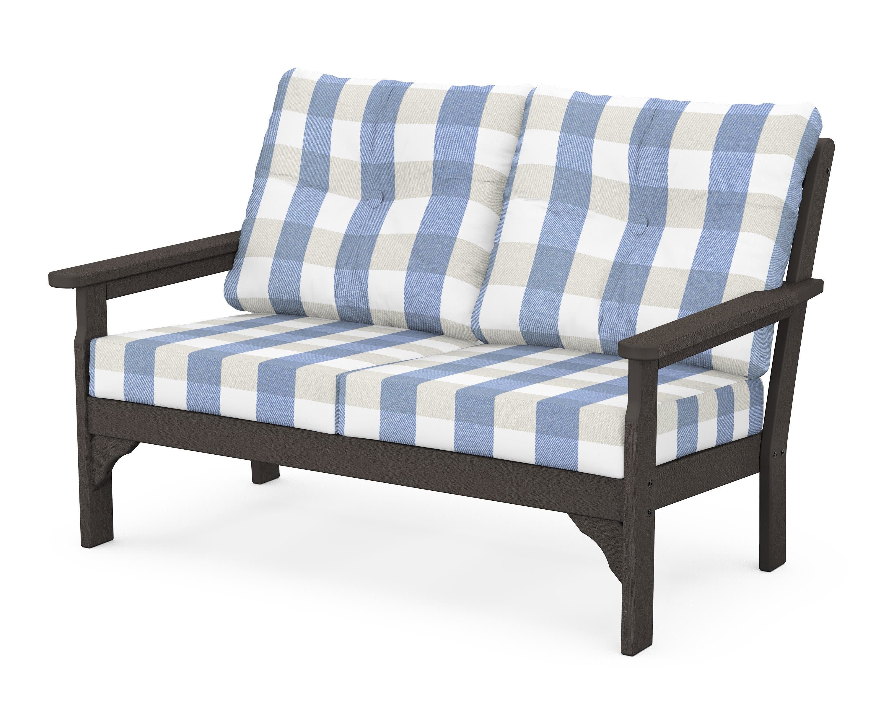 Vineyard Deep Seating Loveseat in Vintage Coffee / Buffalo Plaid Sky Blue
