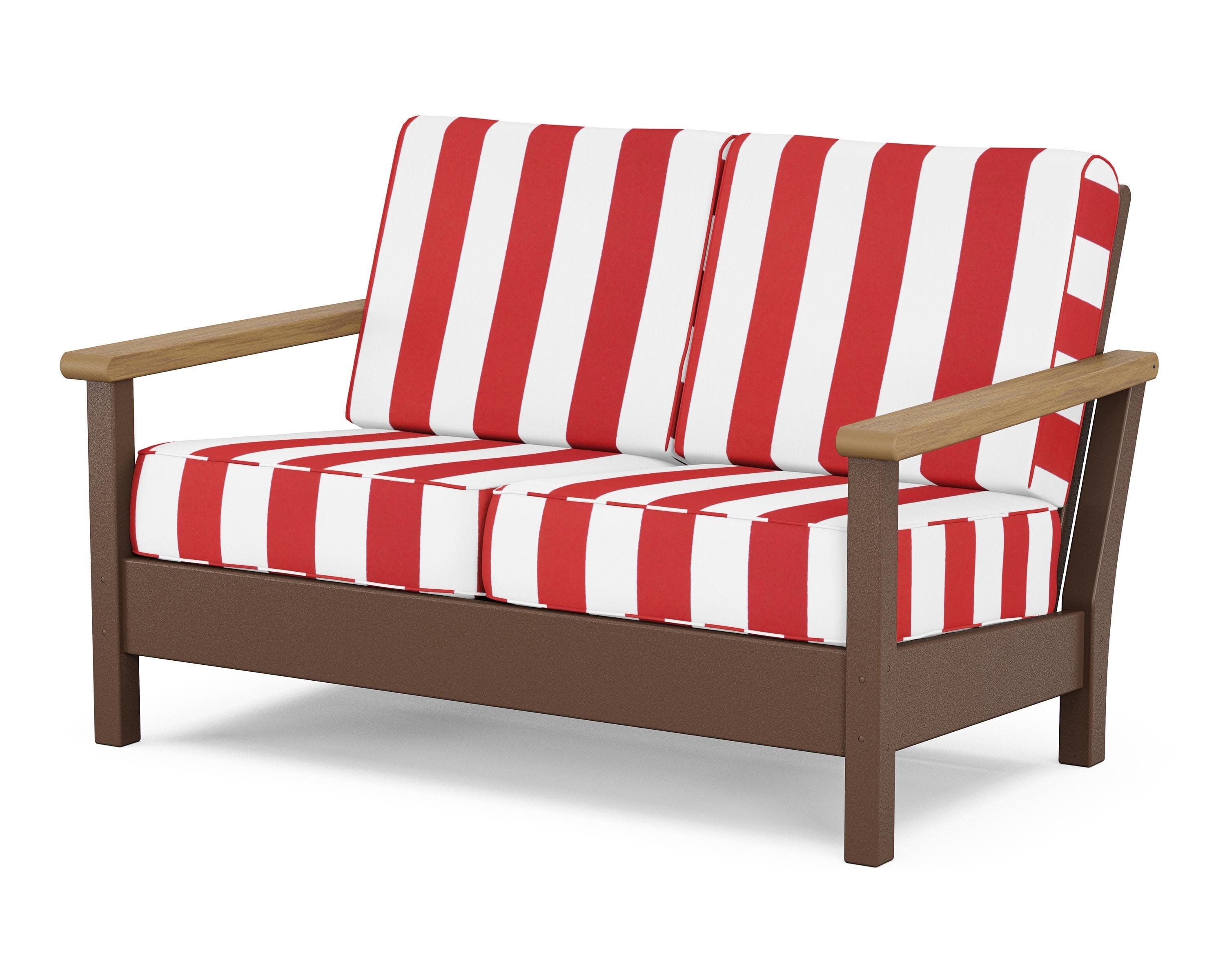 Harbour Deep Seating Loveseat in Mahogany / Natural / Cabana Stripe Crimson
