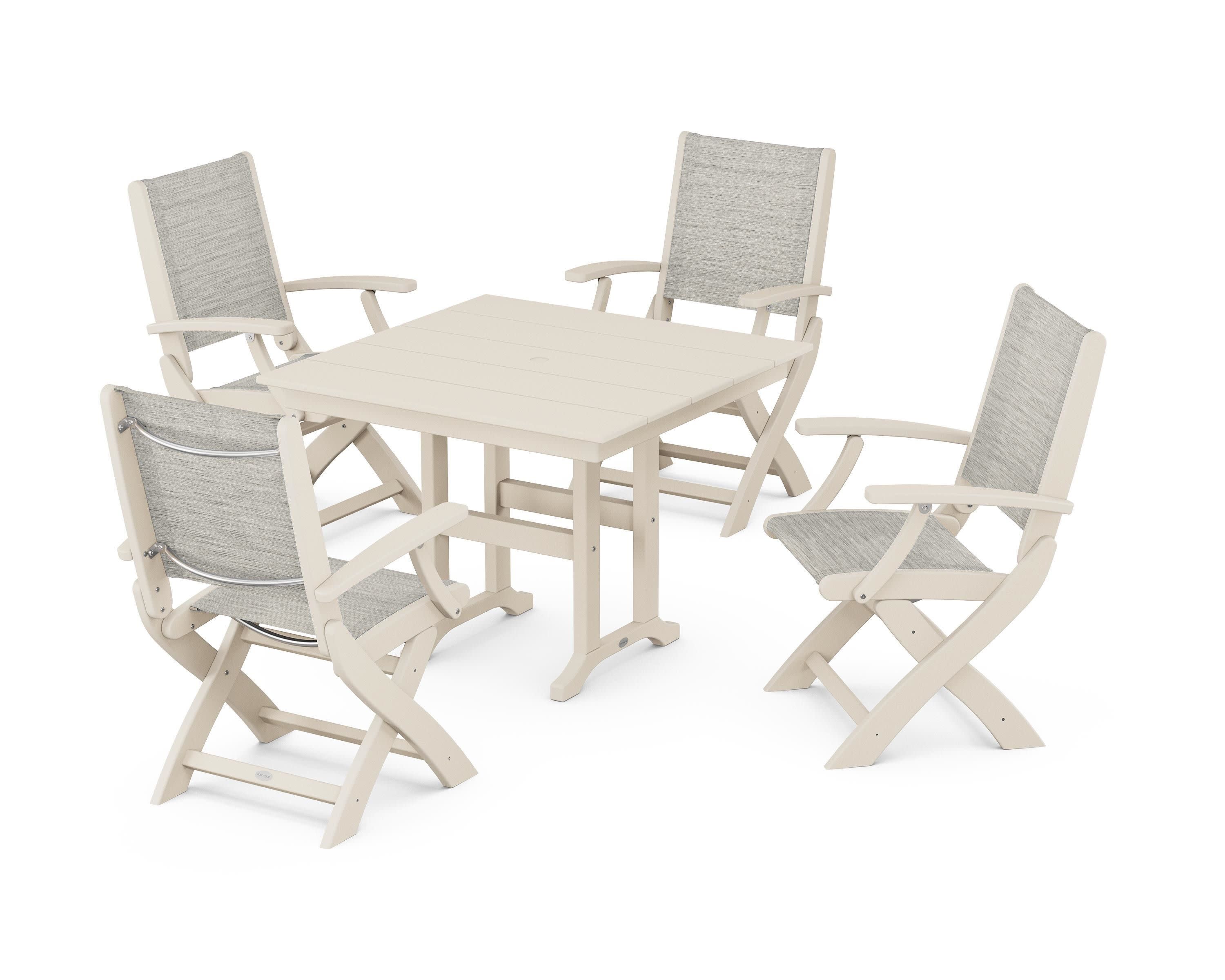 Coastal Folding Chair 5-Piece Farmhouse Dining Set in Sand / Birch Sling