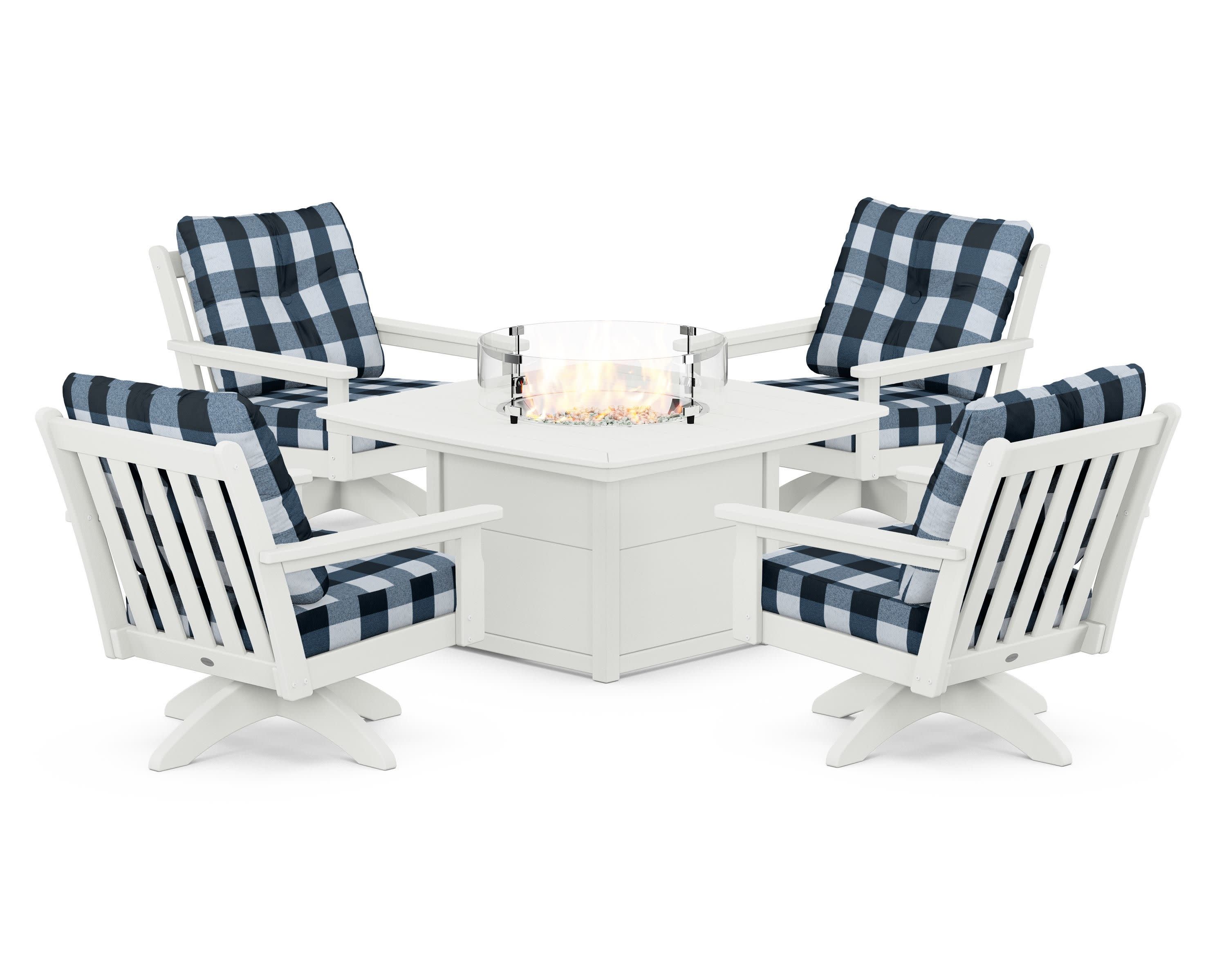 Vineyard 5-Piece Deep Seating Swivel Conversation Set with Fire Pit Table in Vintage White / Buffalo Plaid Marine Indigo
