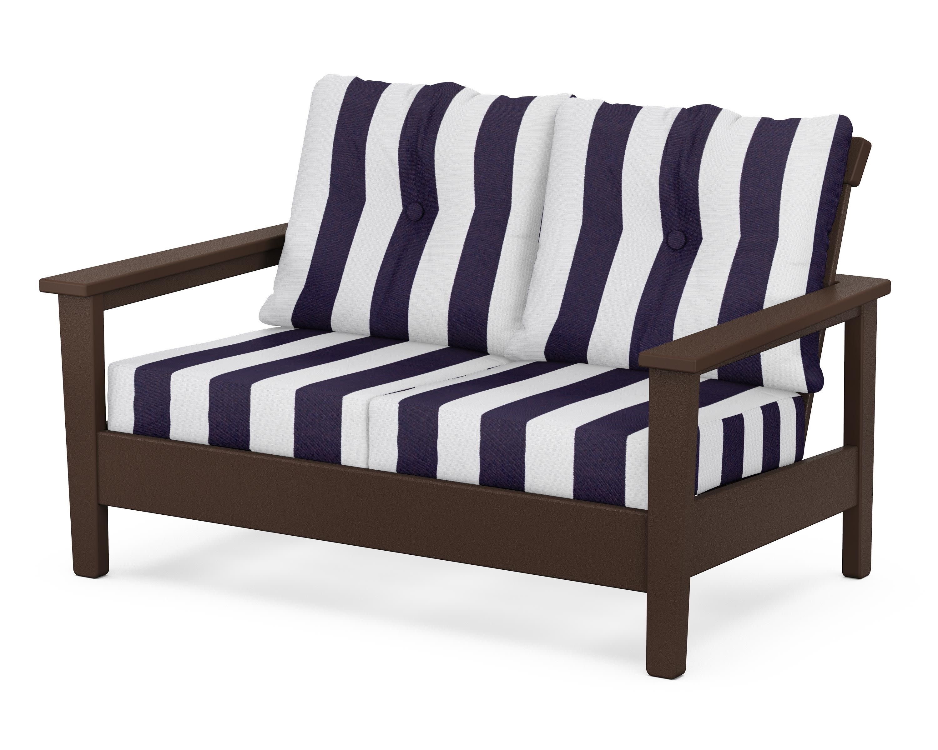 Prescott Deep Seating Loveseat in Mahogany / Cabana Stripe Navy