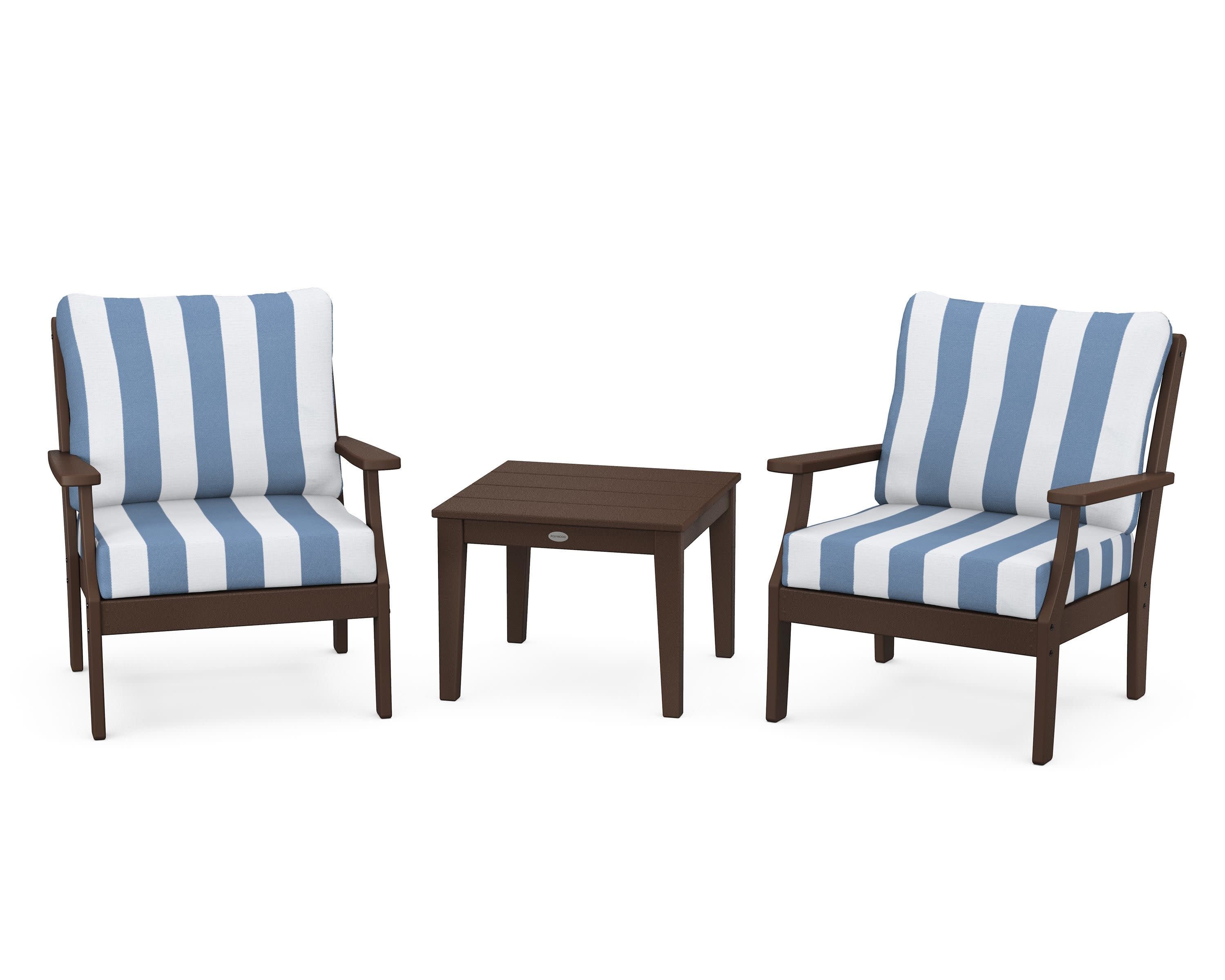 Braxton 3-Piece Deep Seating Set in Mahogany / Cabana Stripe Sky Blue