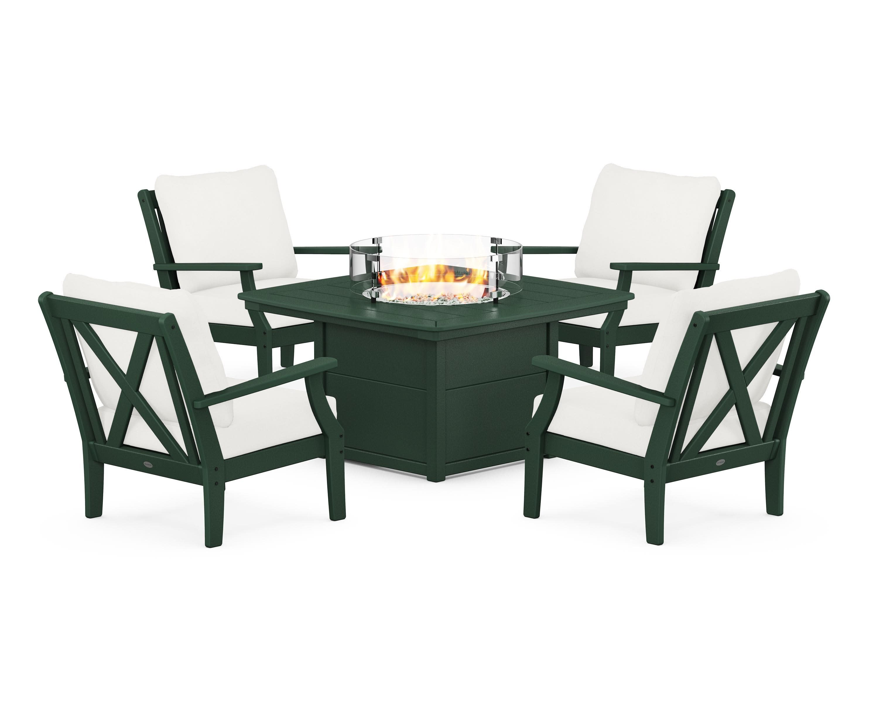 Braxton 5-Piece Deep Seating Conversation Set with Fire Pit Table in Green / Natural Linen