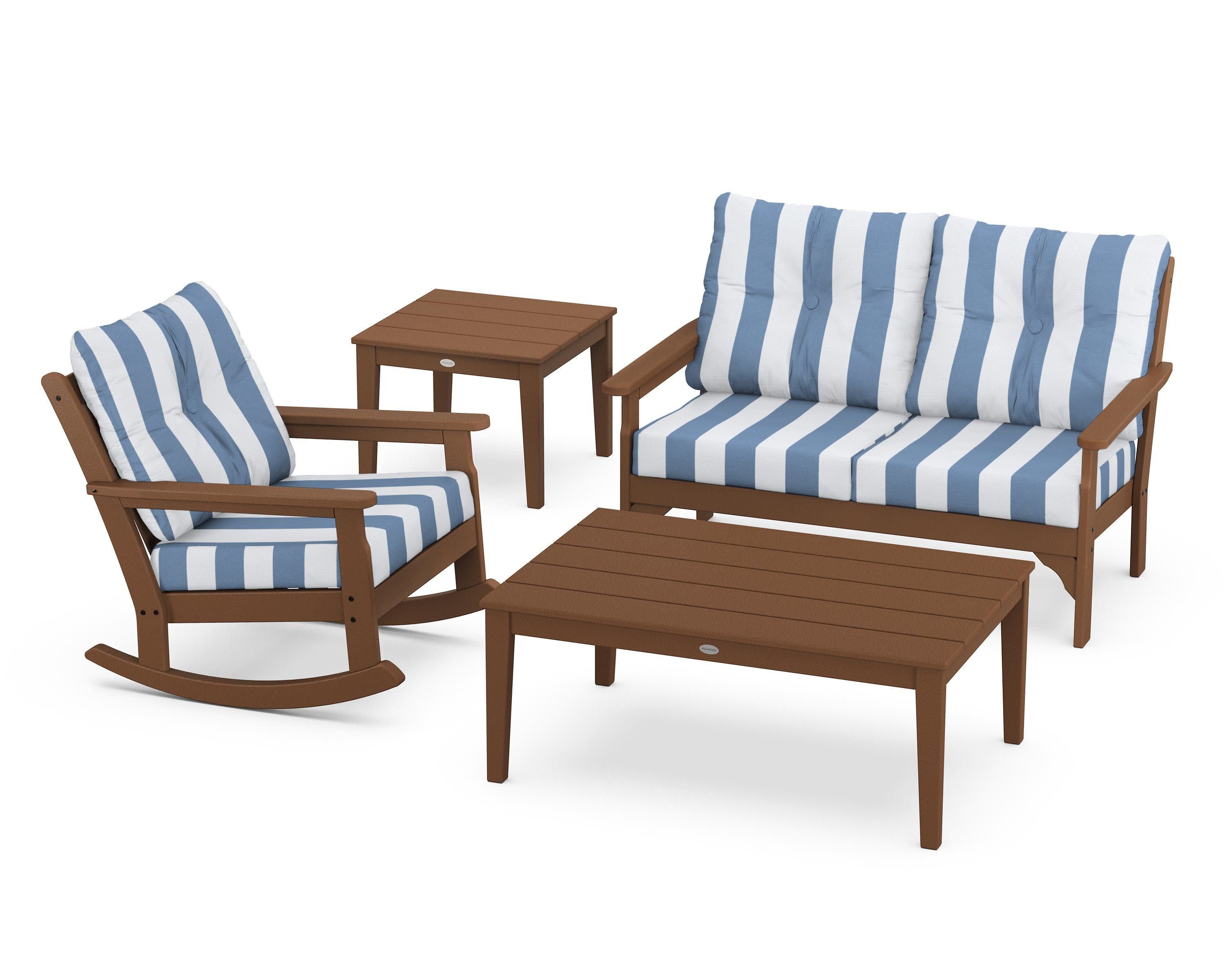 Vineyard 4-Piece Deep Seating Rocker Set in Teak / Cabana Stripe Sky Blue