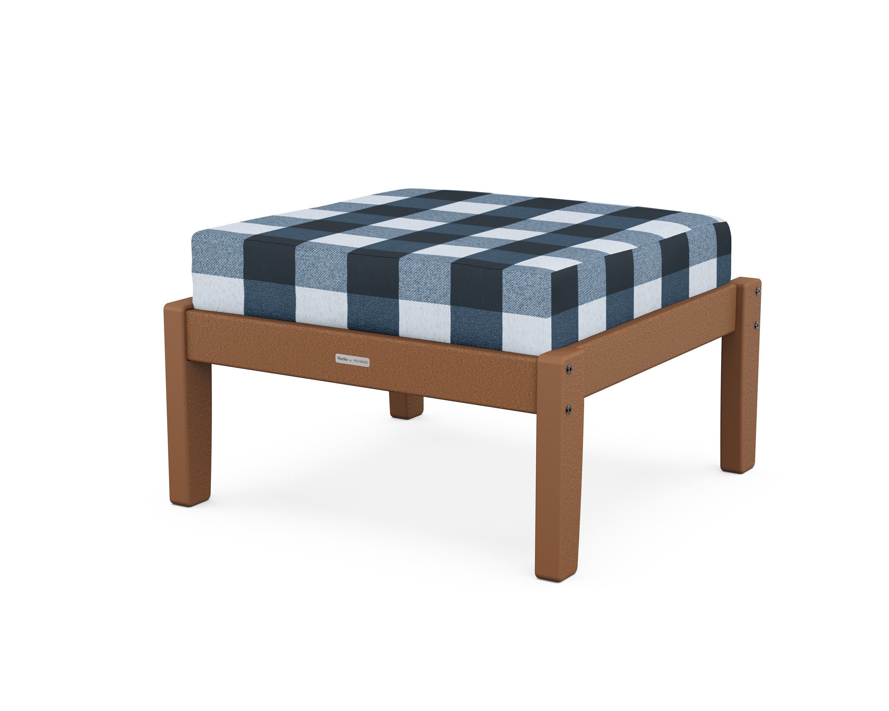 Chinoiserie Deep Seating Ottoman in Teak / Buffalo Plaid Marine Indigo