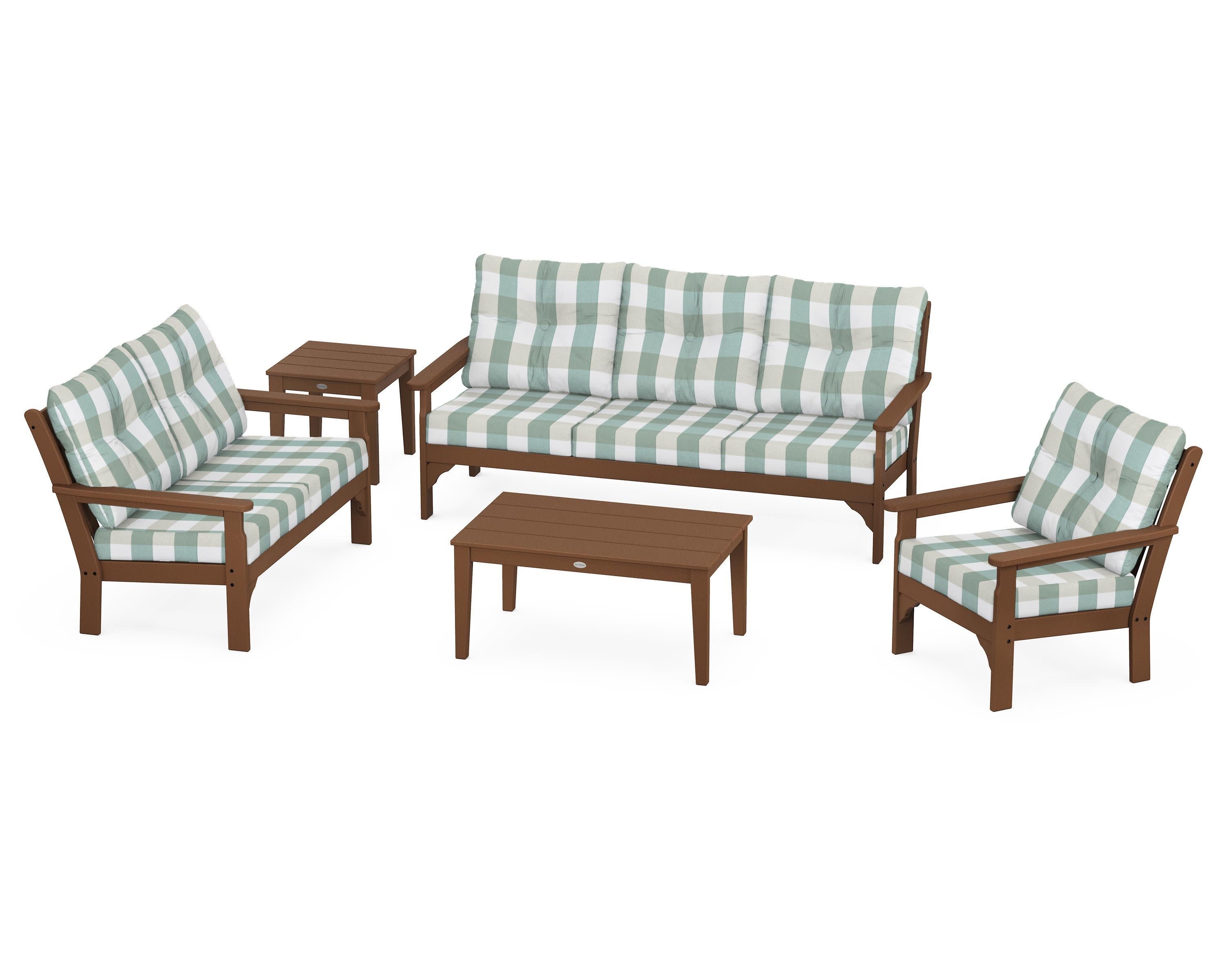 Vineyard 5 Piece Deep Seating Set in Teak / Buffalo Plaid Glacier Spa