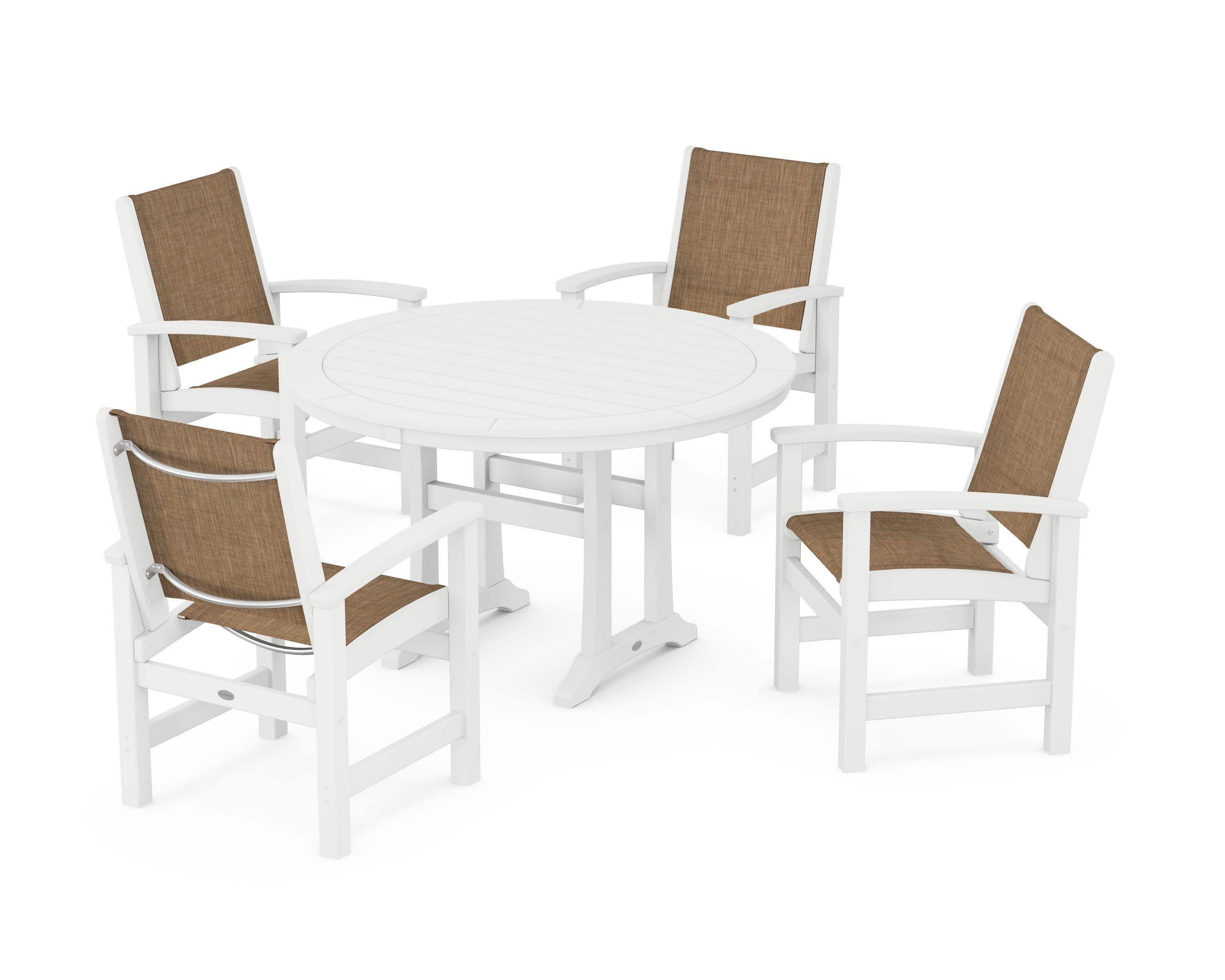 Coastal 5-Piece Round Dining Set with Trestle Legs in White / Burlap Sling