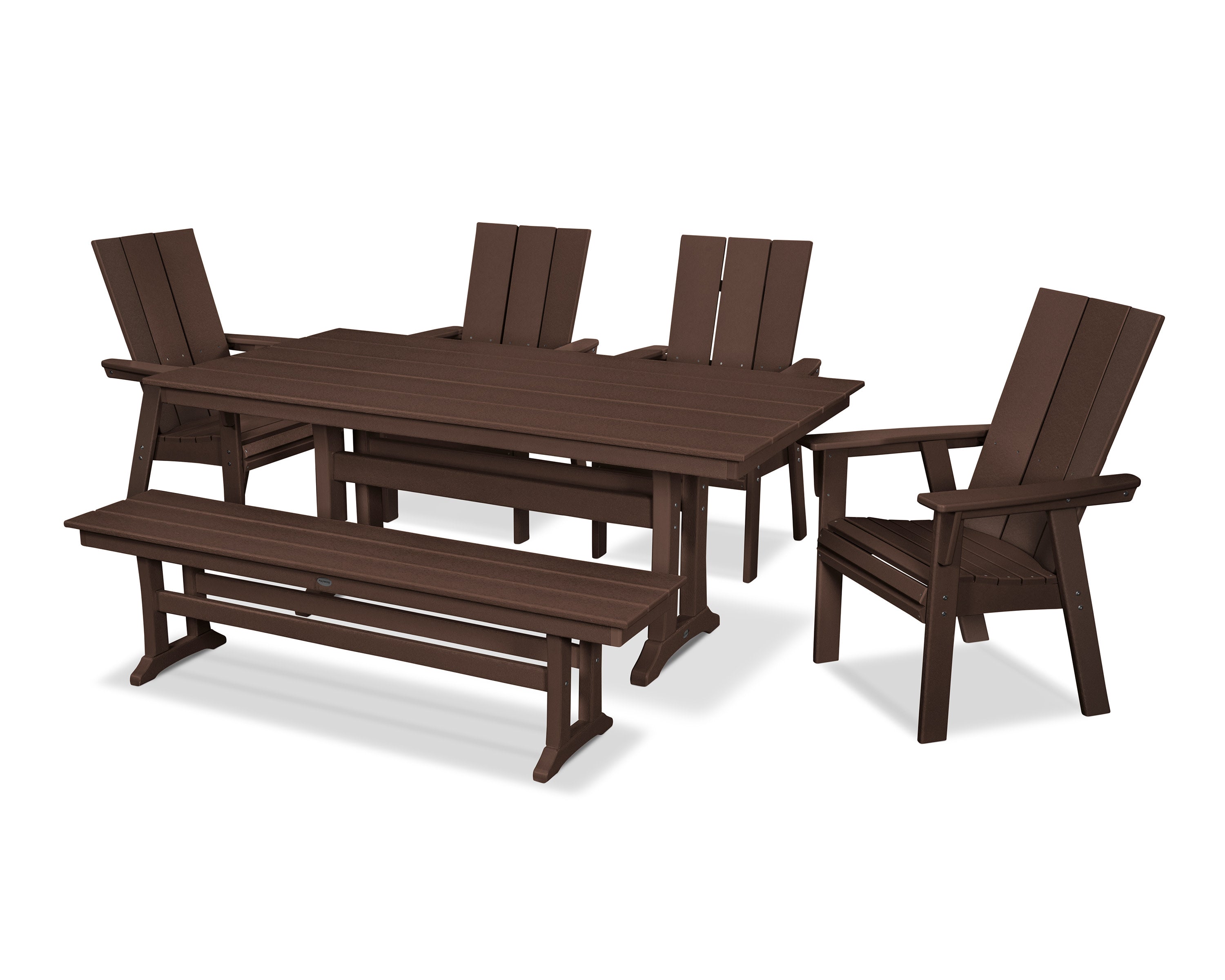 Modern Curveback Adirondack 6-Piece Farmhouse Dining Set with Trestle Legs and Bench in Mahogany