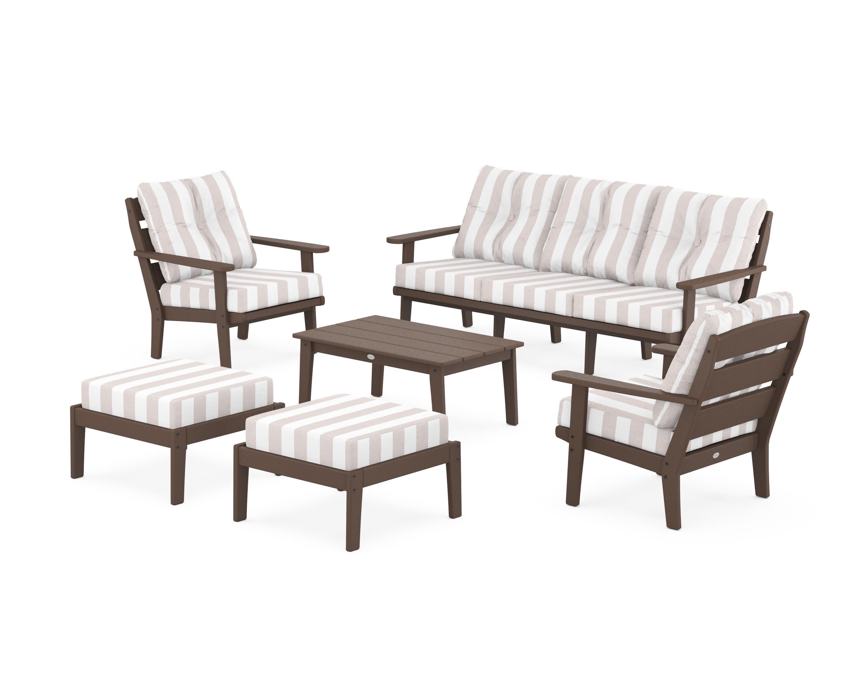 Lakeside 6-Piece Lounge Sofa Set in Mahogany / Cabana Stripe Dune Burlap