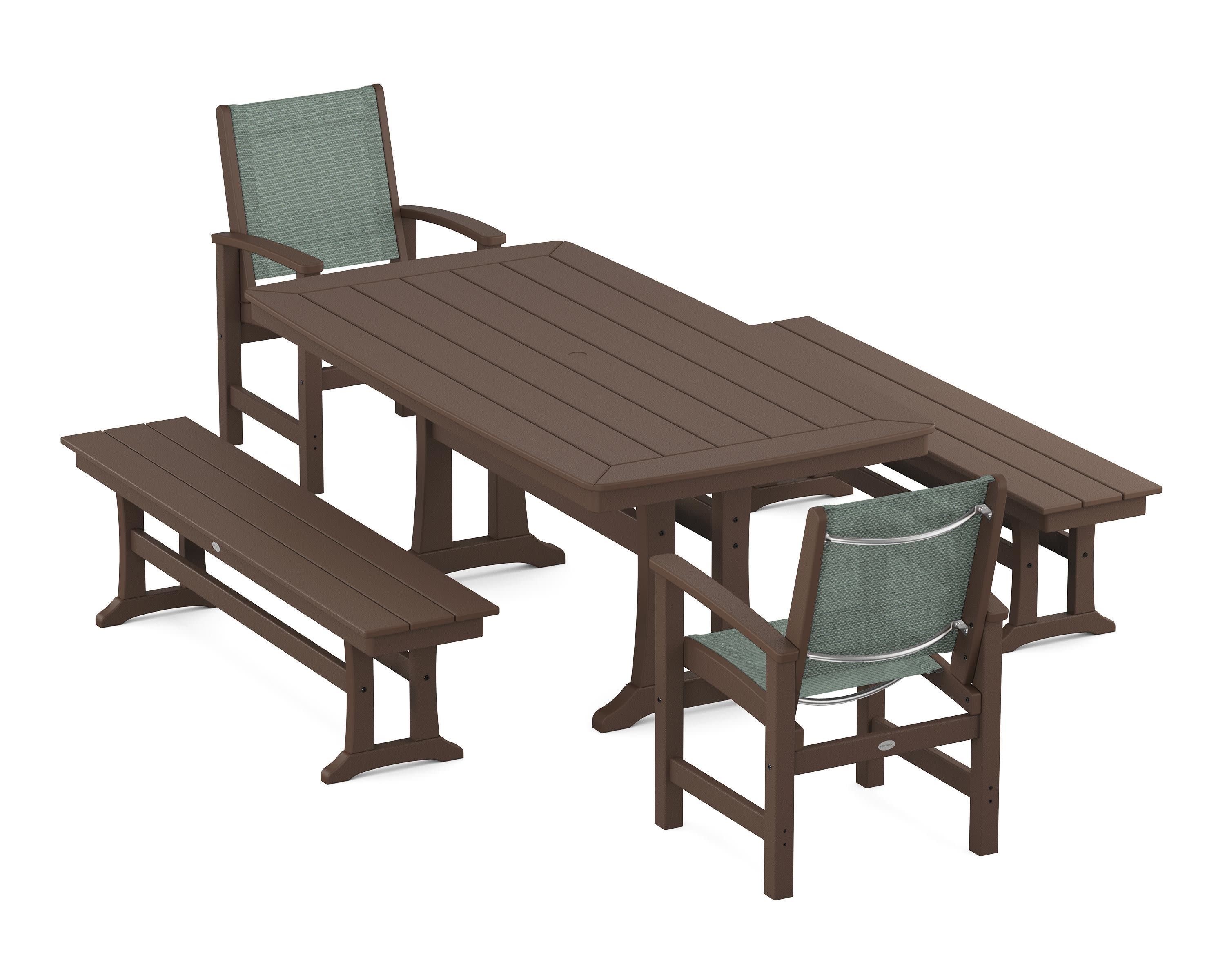 Coastal 5-Piece Dining Set with Trestle Legs and Benches in Mahogany / Dupioni Sea Mist Sling