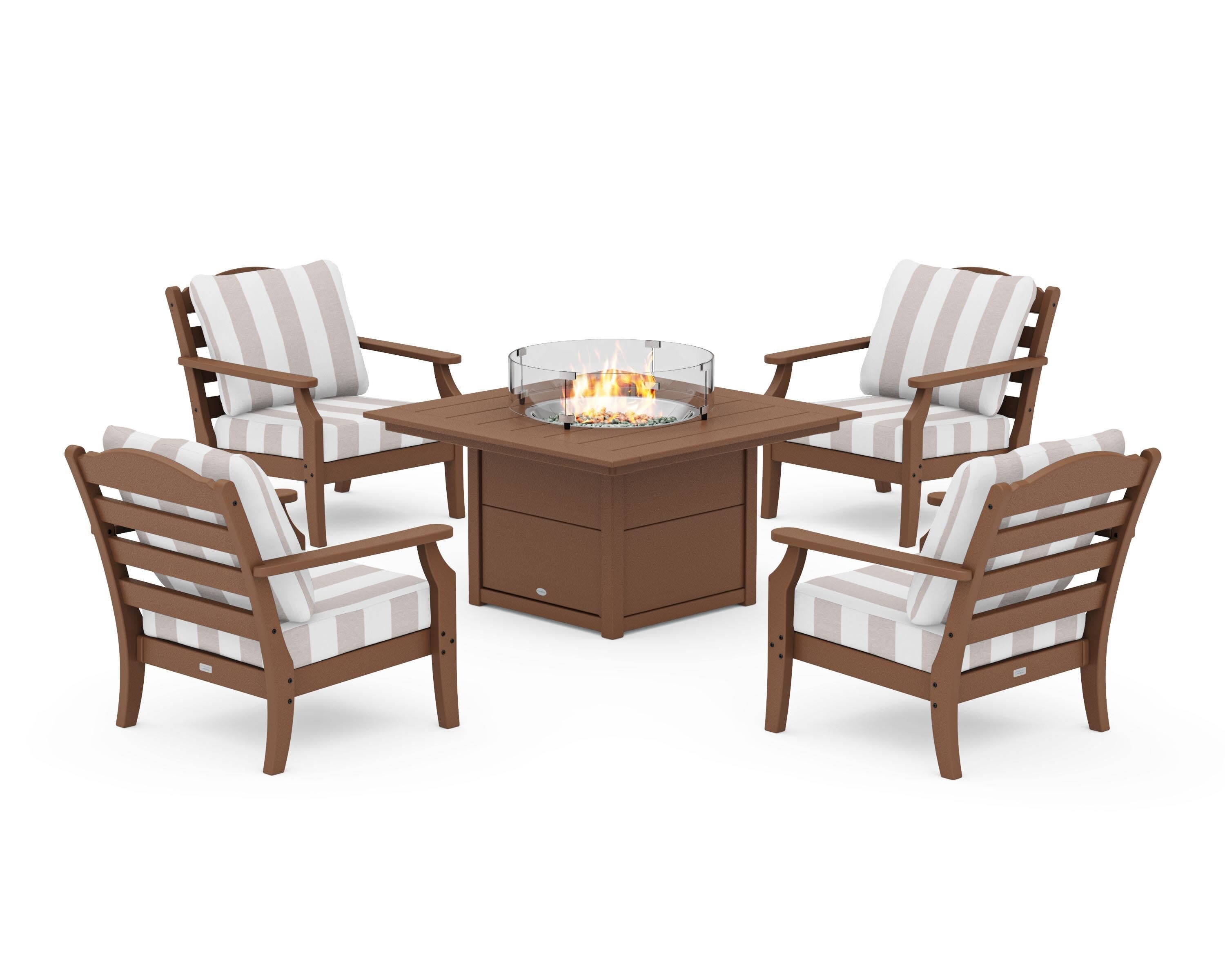 Savannah 5-Piece Deep Seating Set with Fire Pit Table in Teak / Cabana Stripe Dune Burlap