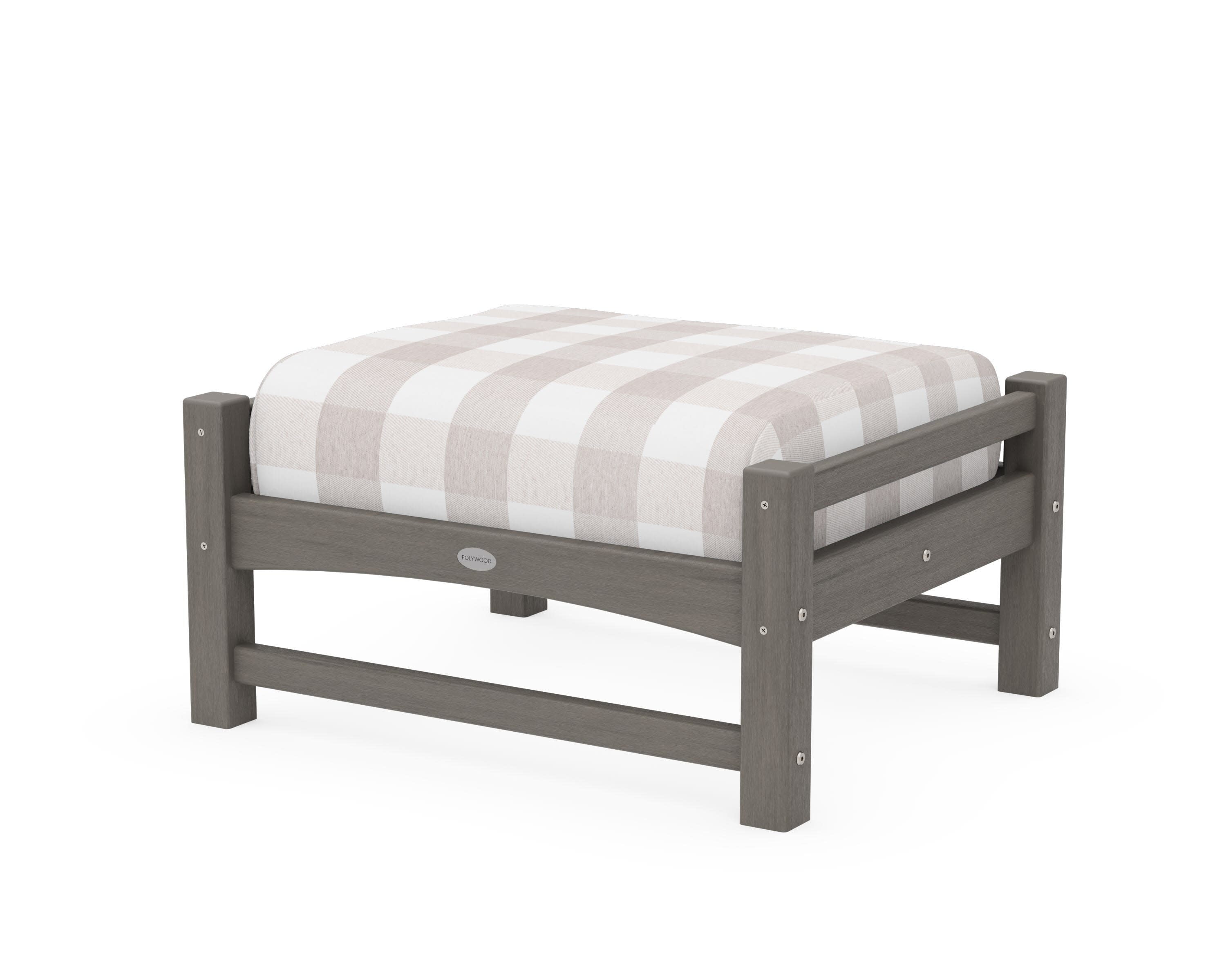 Club Ottoman in Driftwood / Buffalo Plaid Dune Burlap