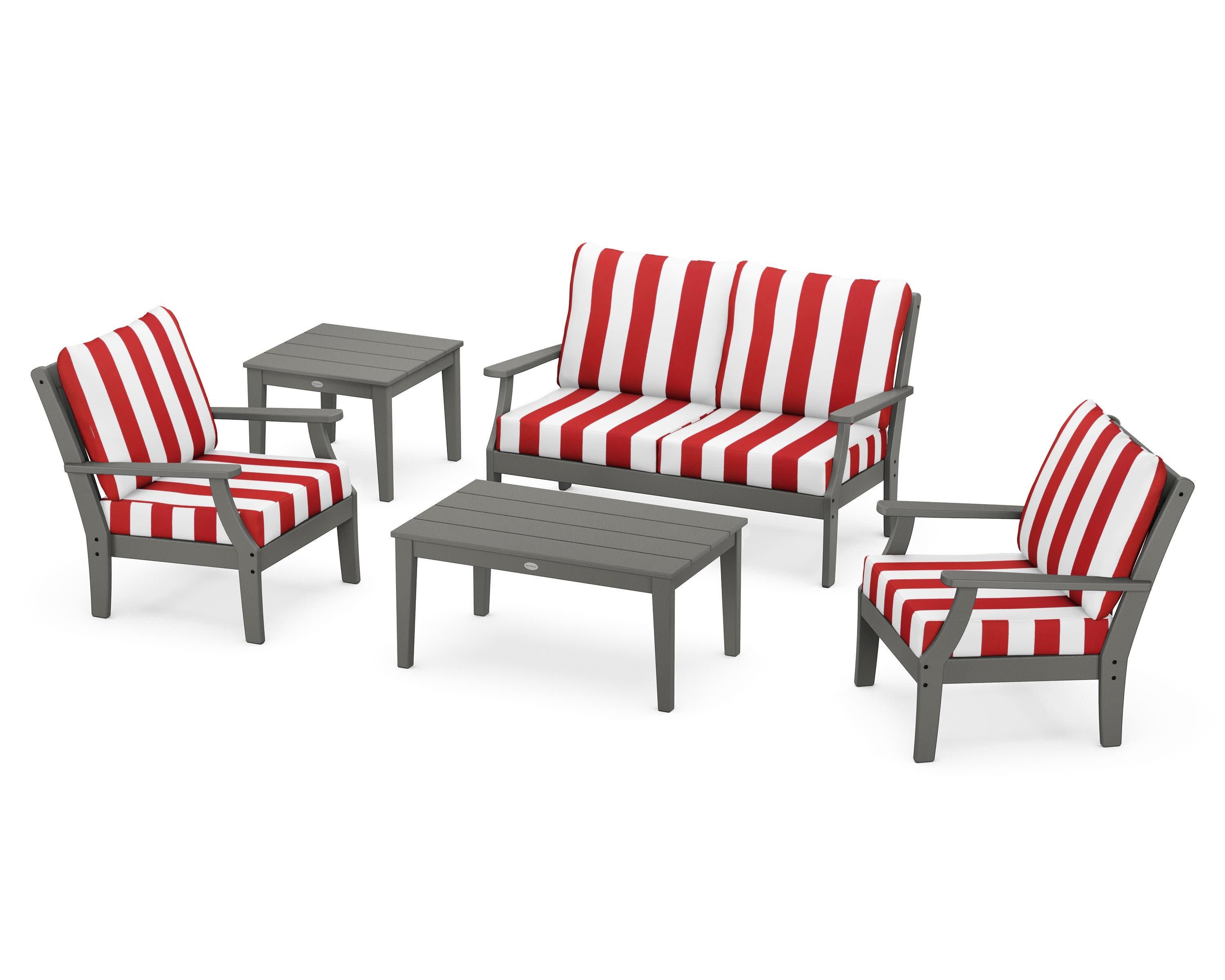 Braxton 5-Piece Deep Seating Set in Slate Grey / Cabana Stripe Crimson