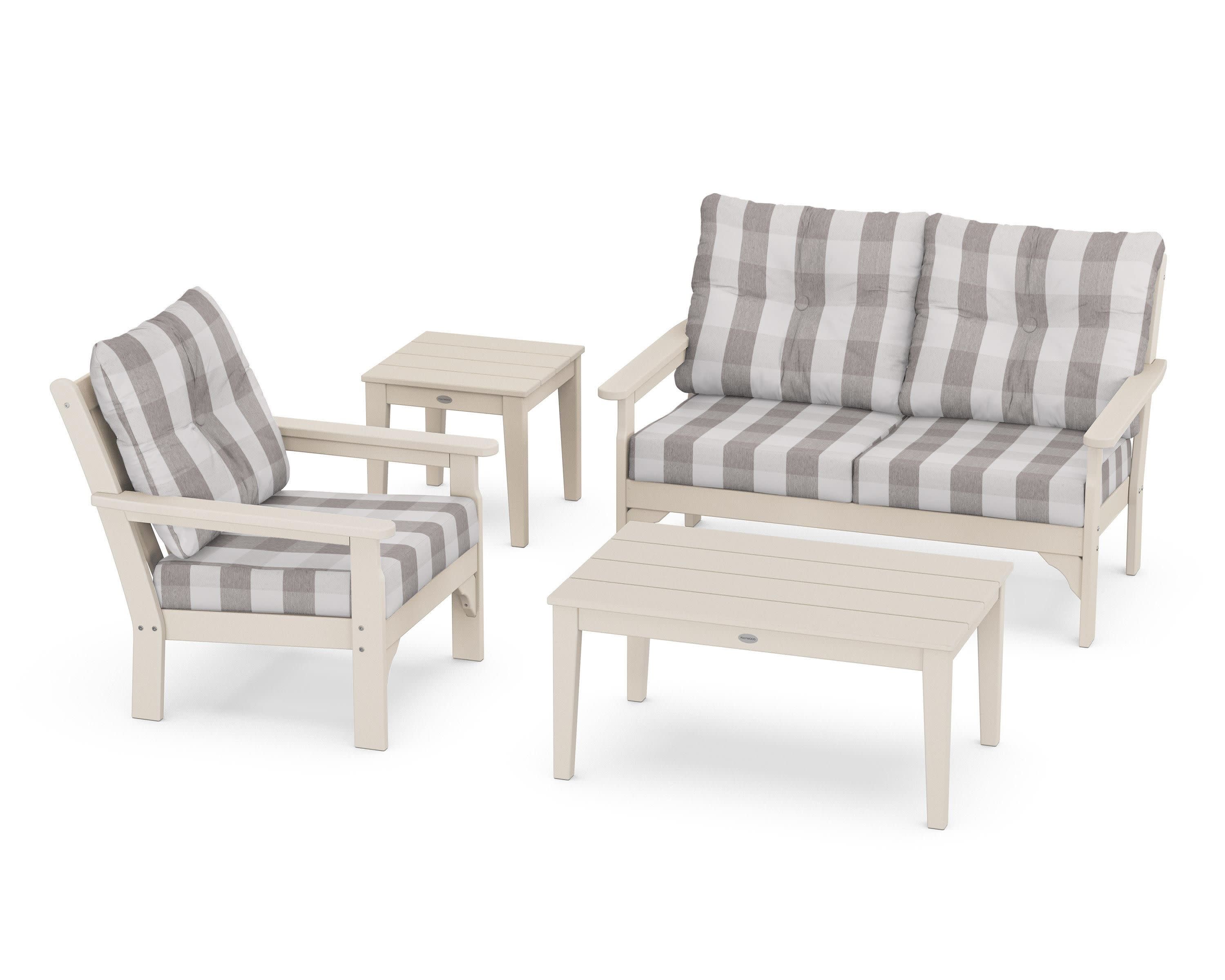 Vineyard 4-Piece Deep Seating Set in Sand / Buffalo Plaid Grey Mist