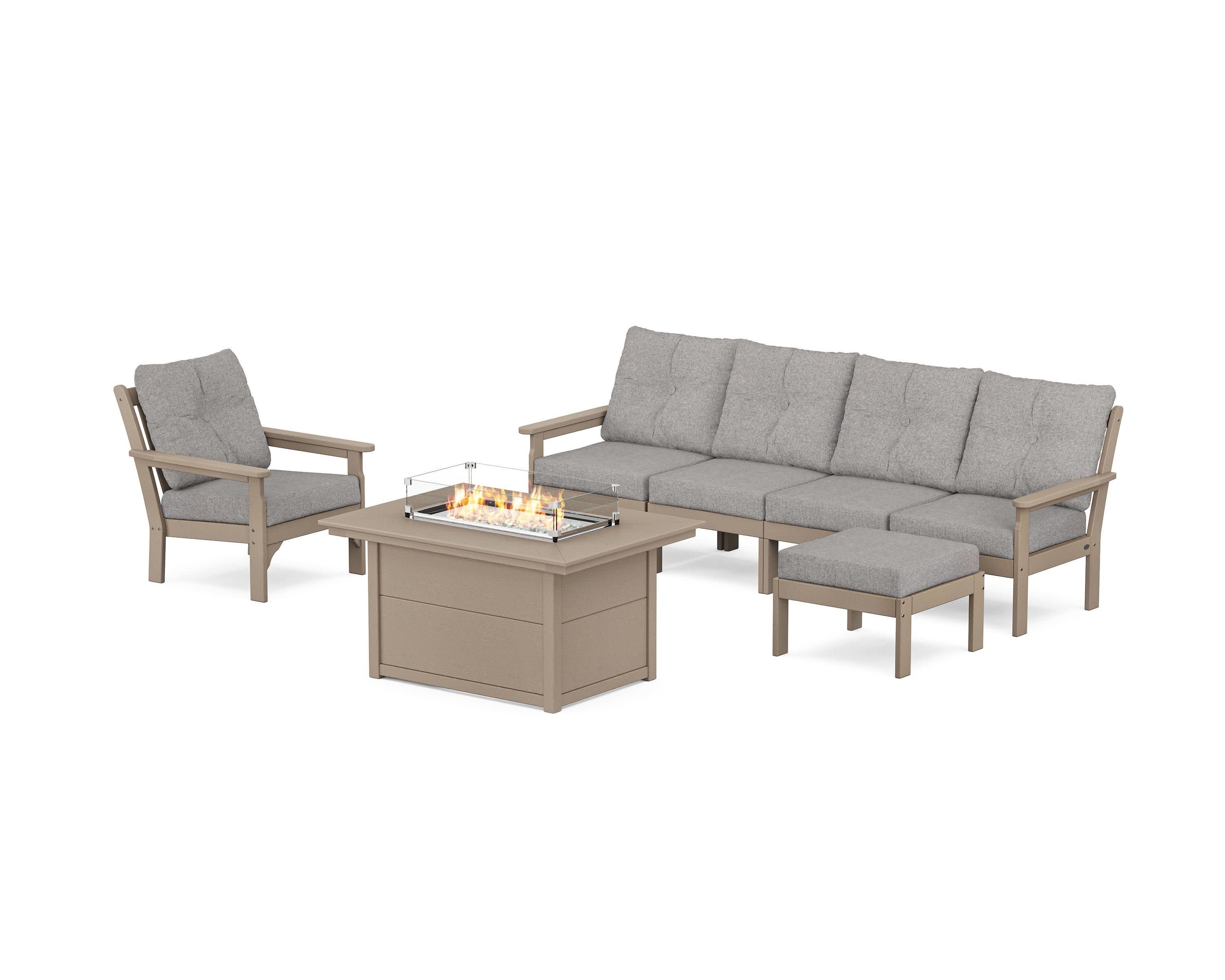 Vineyard Sectional Lounge and Fire Pit Set in Vintage Sahara / Grey Mist