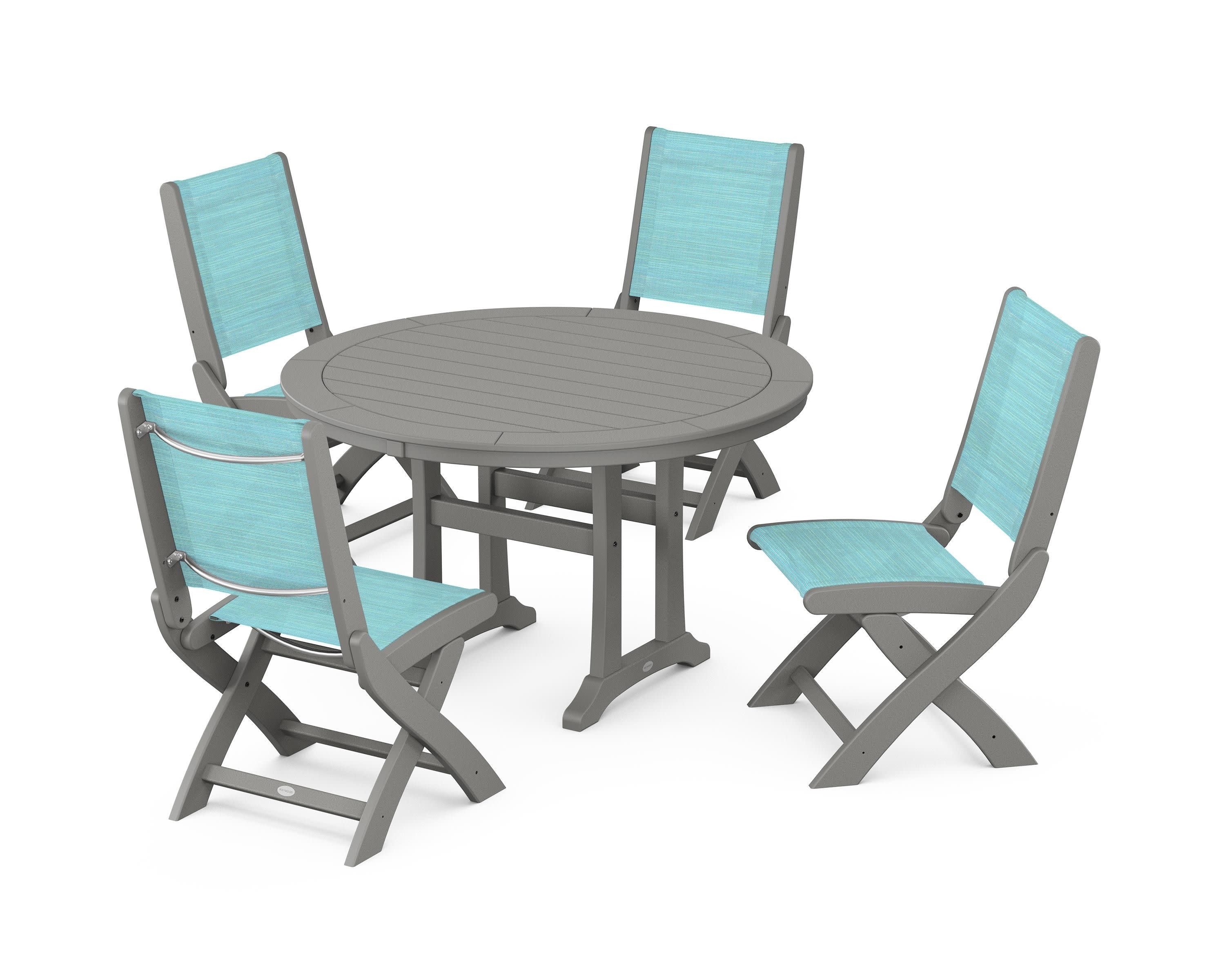 Coastal Folding Side Chair 5-Piece Round Dining Set With Trestle Legs in Slate Grey / Dupioni Aquamarine Sling