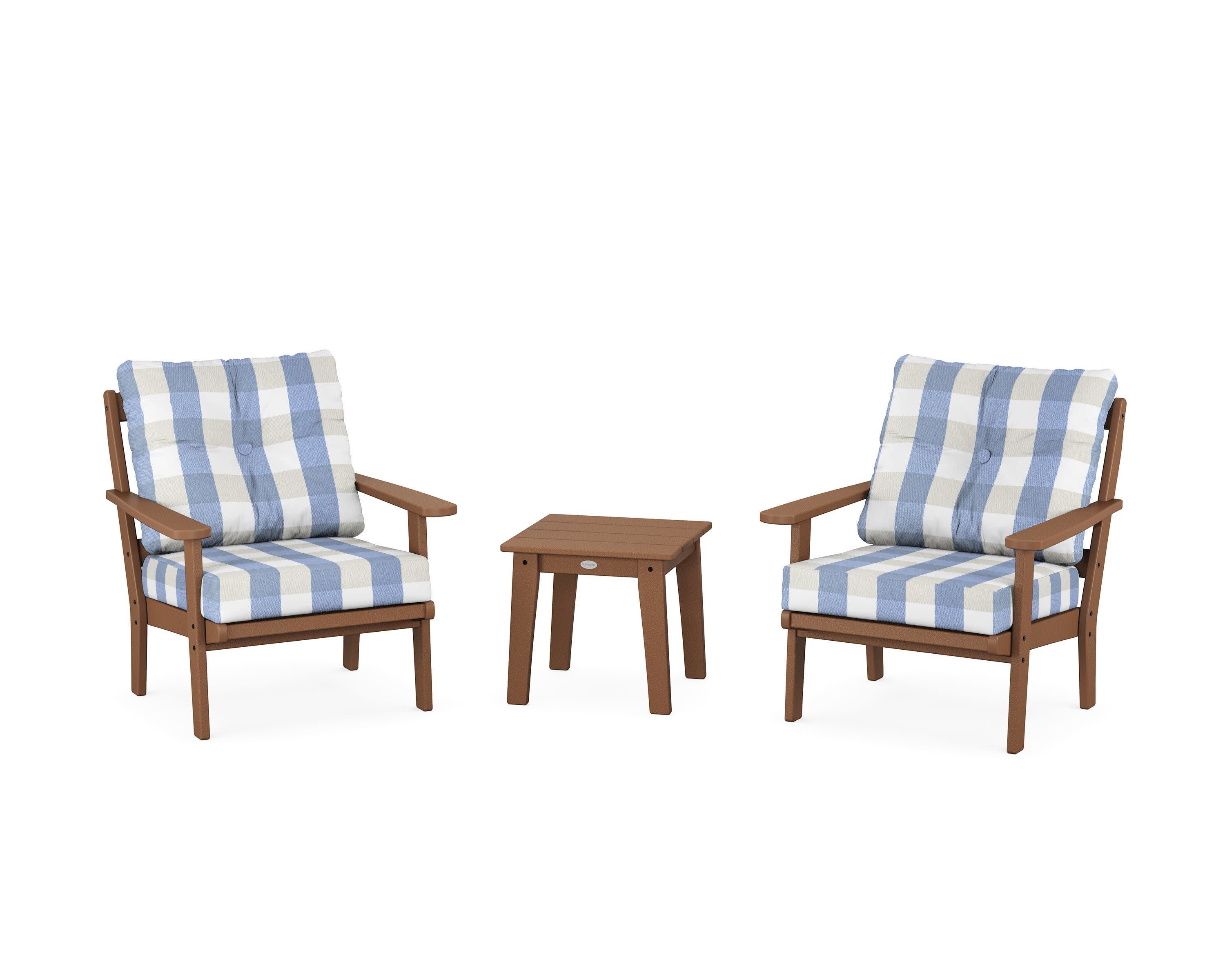Mission 3-Piece Deep Seating Set in Teak / Buffalo Plaid Sky Blue