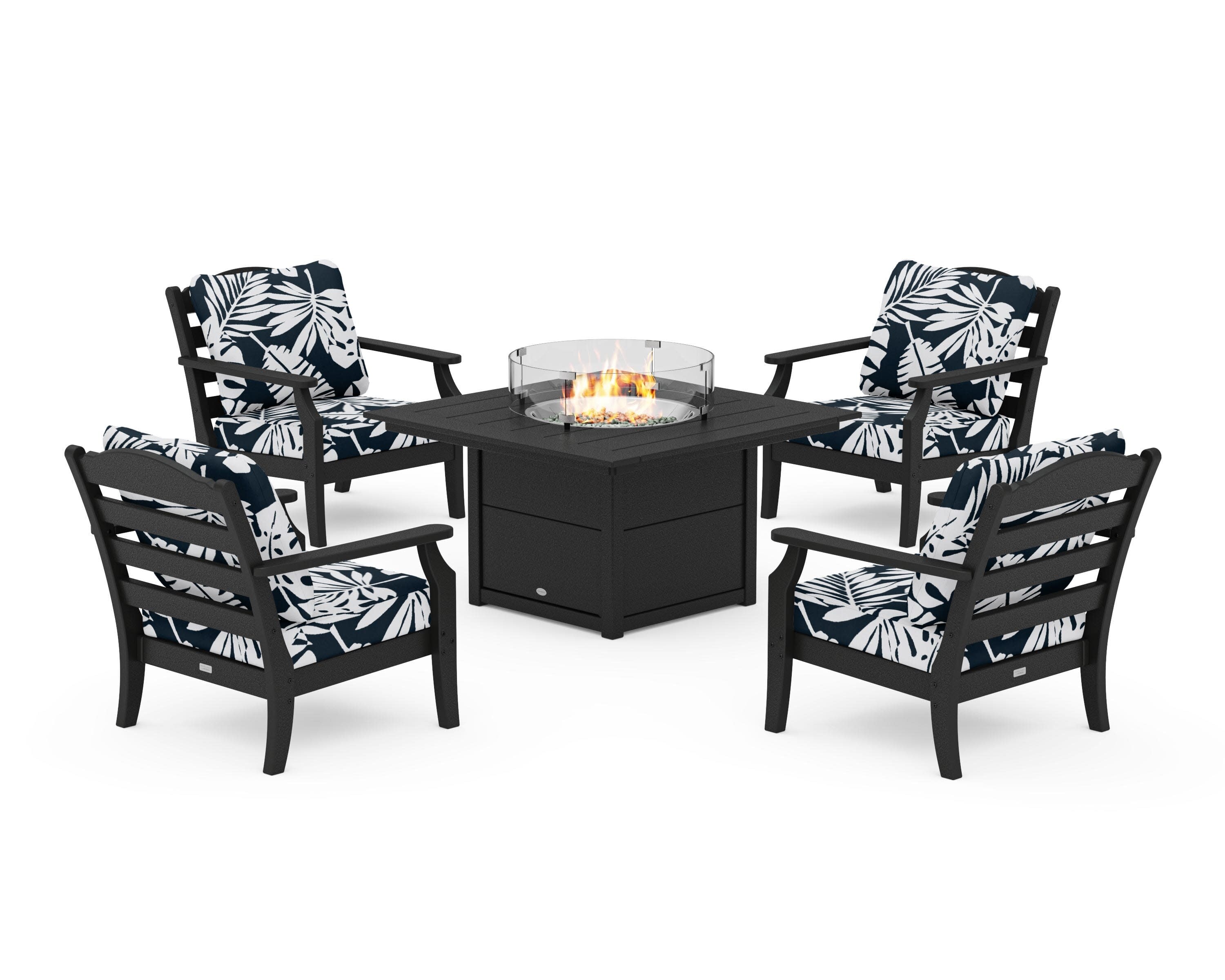 Savannah 5-Piece Deep Seating Set with Fire Pit Table in Black / Leaf Marine Indigo
