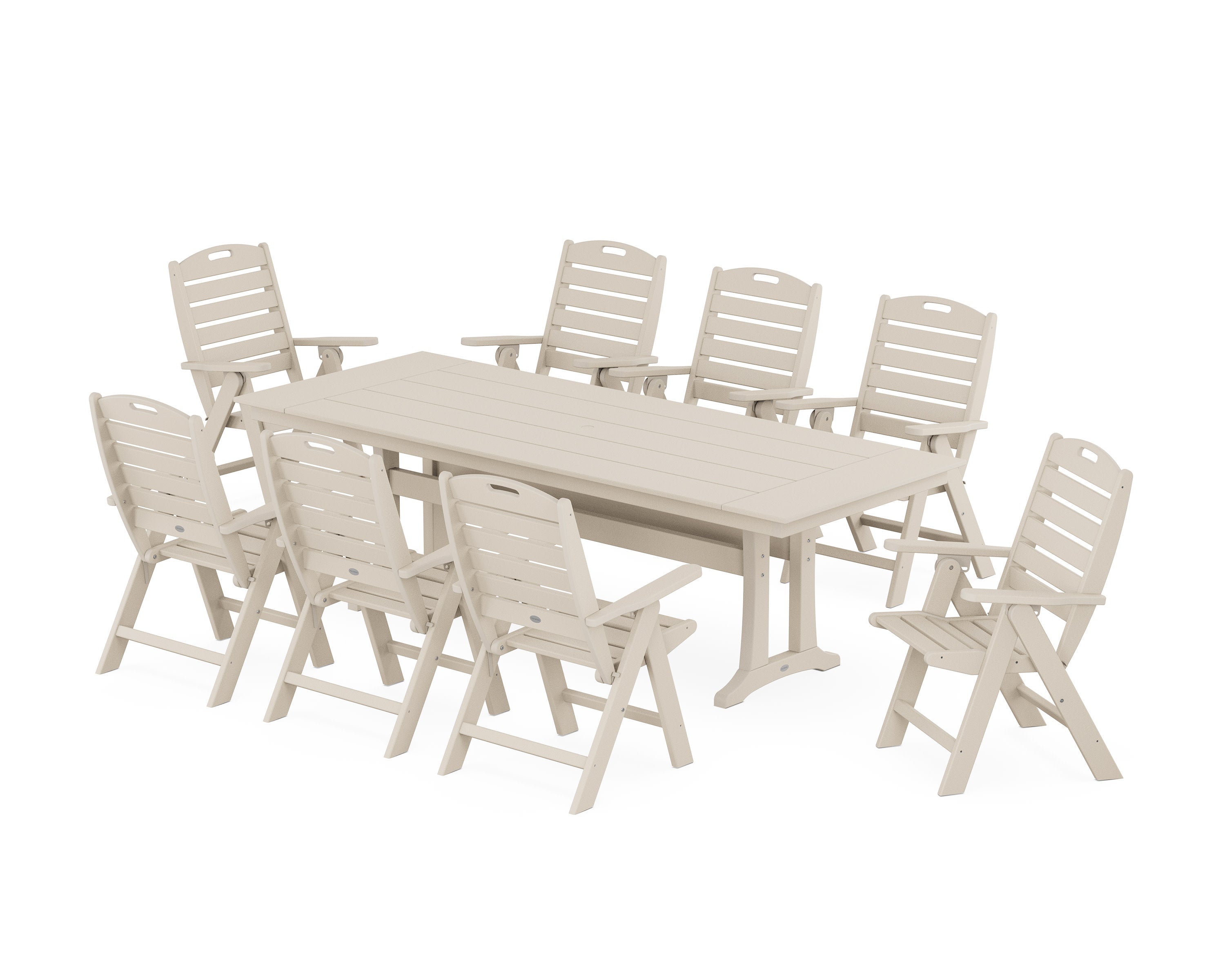 Nautical Highback 9-Piece Farmhouse Dining Set with Trestle Legs in Sand