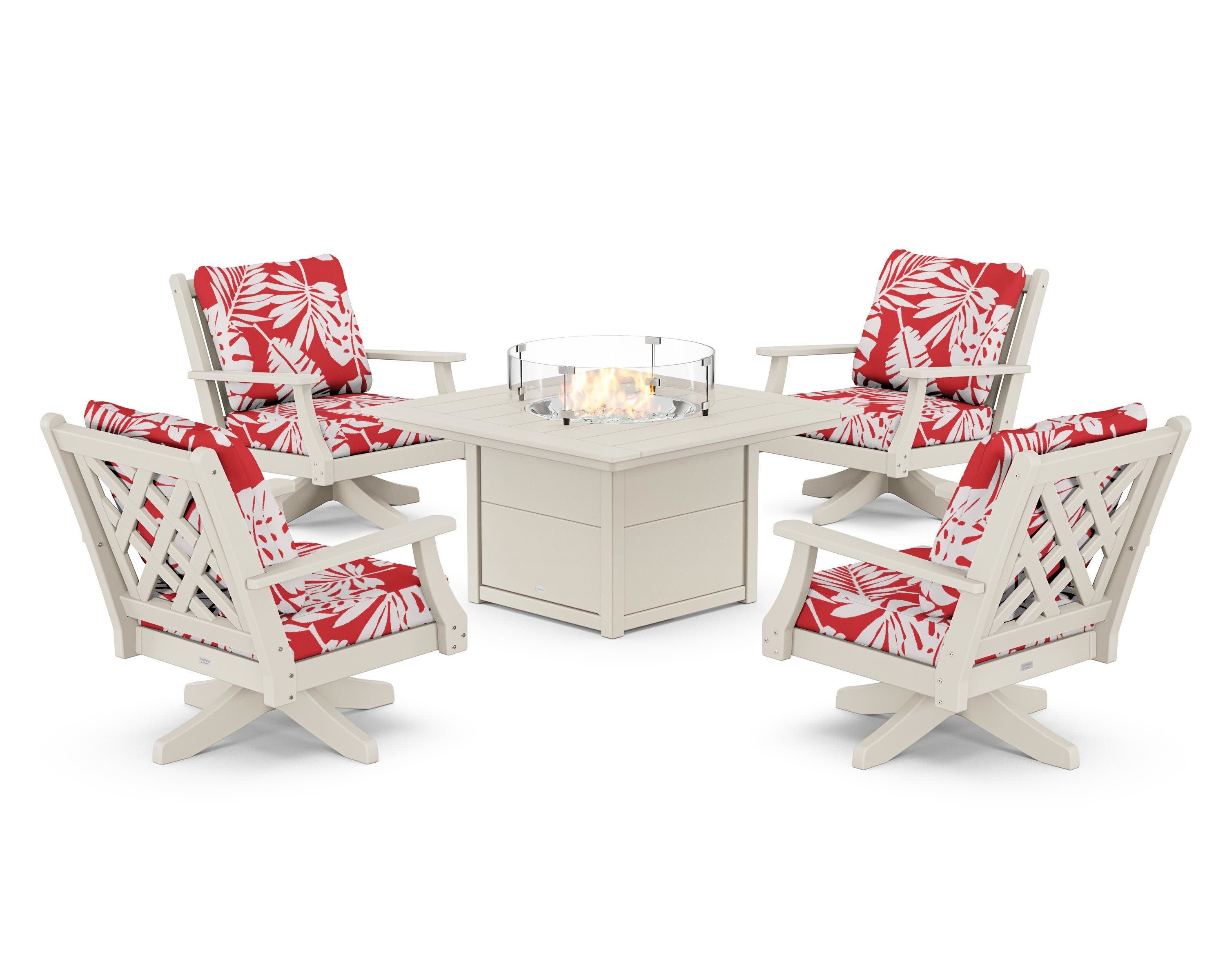 Wovendale 5-Piece Deep Seating Swivel Conversation Set with Fire Pit Table in Sand / Leaf Crimson