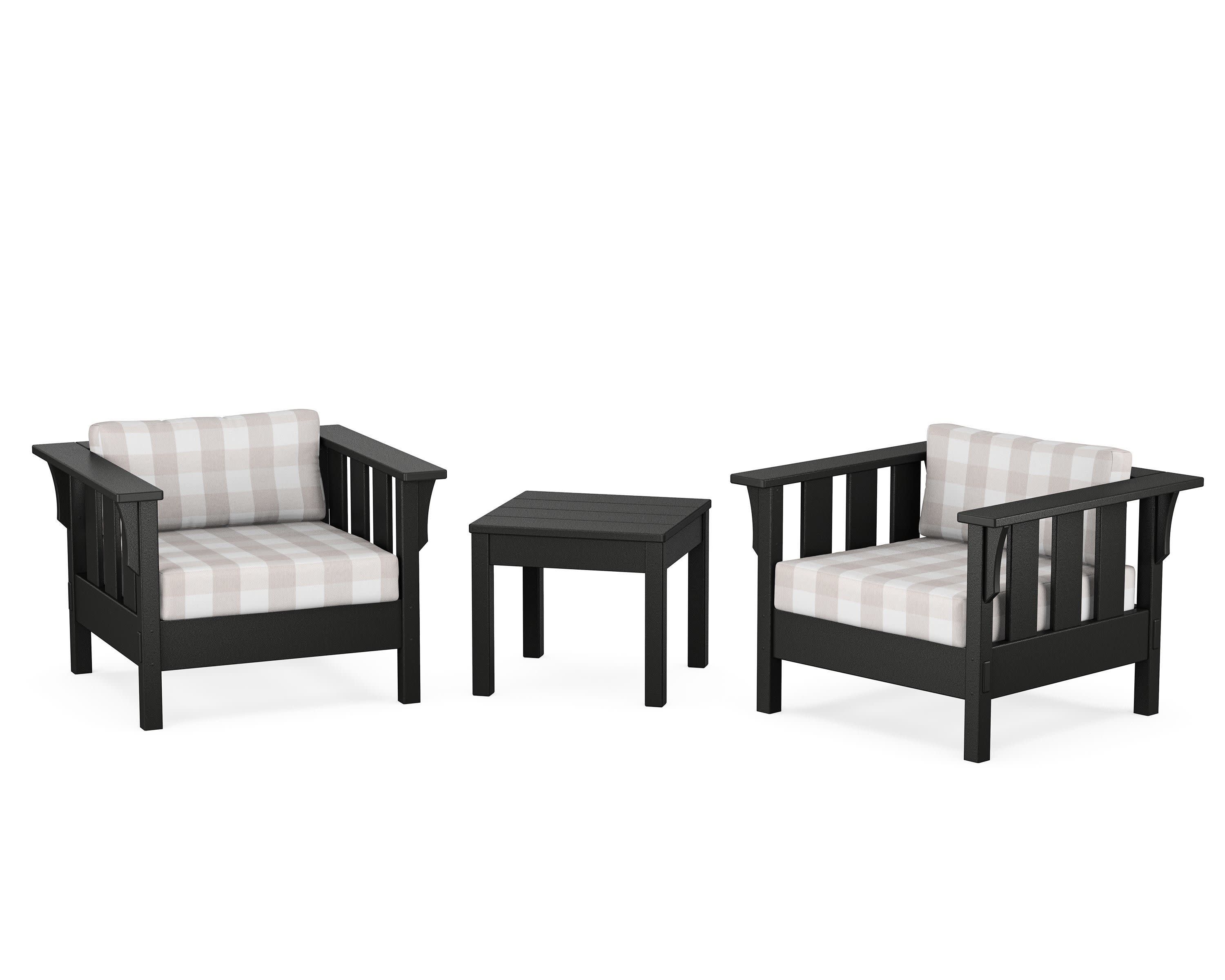 Acadia 3-Piece Deep Seating Set in Black / Buffalo Plaid Dune Burlap