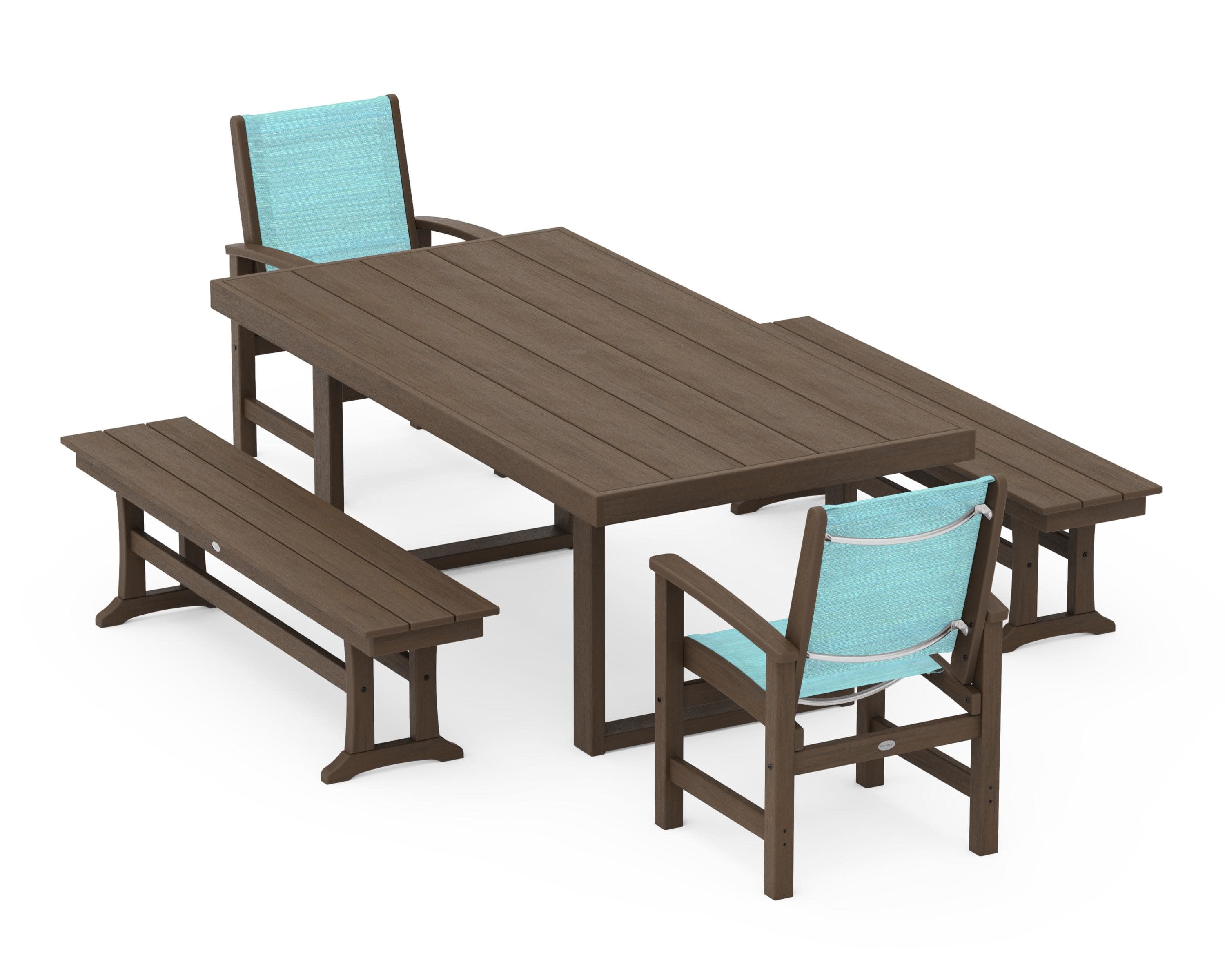 Coastal 5-Piece Dining Set with Trestle Legs in Kona / Dupioni Aquamarine Sling