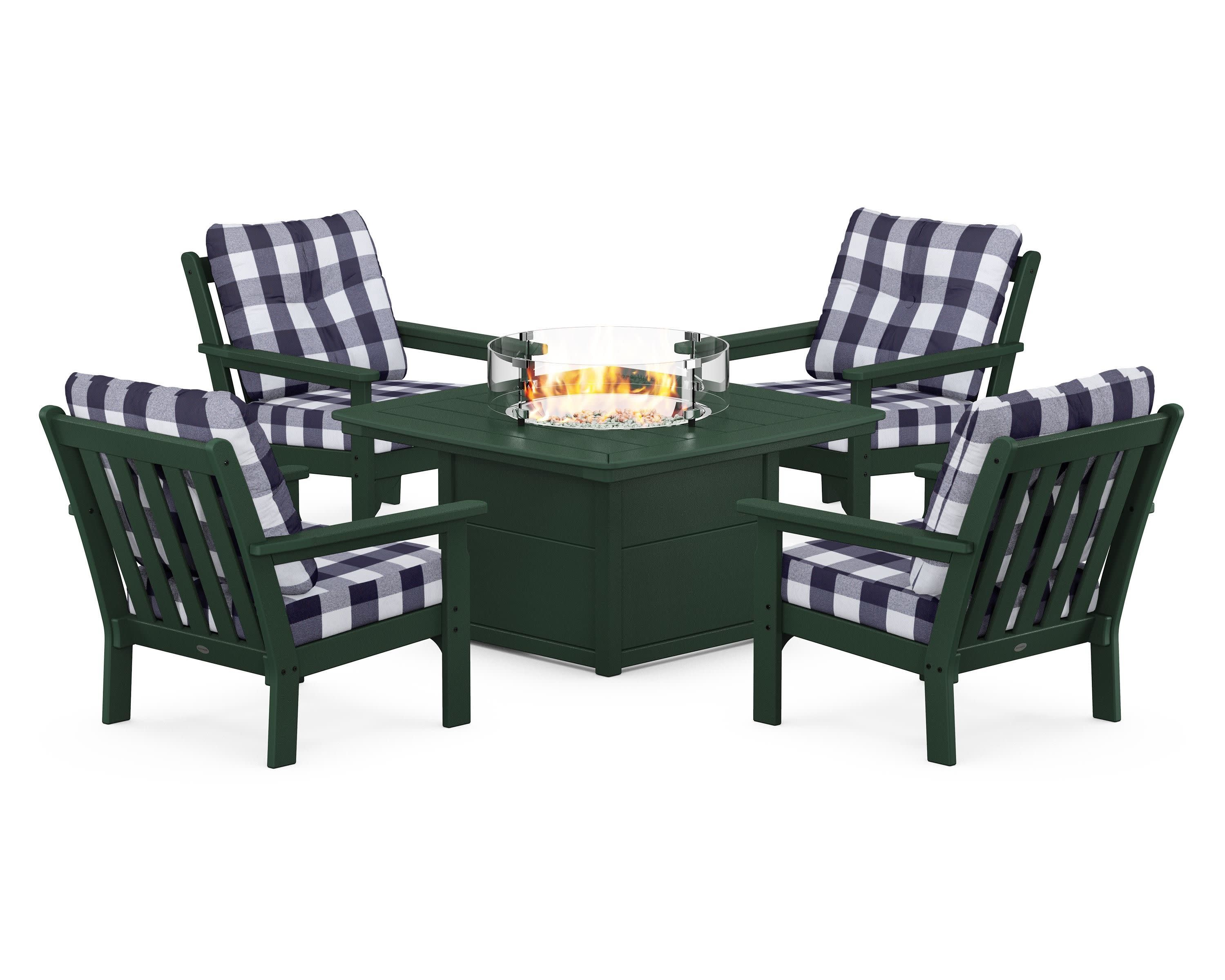 Vineyard 5-Piece Conversation Set with Fire Pit Table in Green / Buffalo Plaid Navy