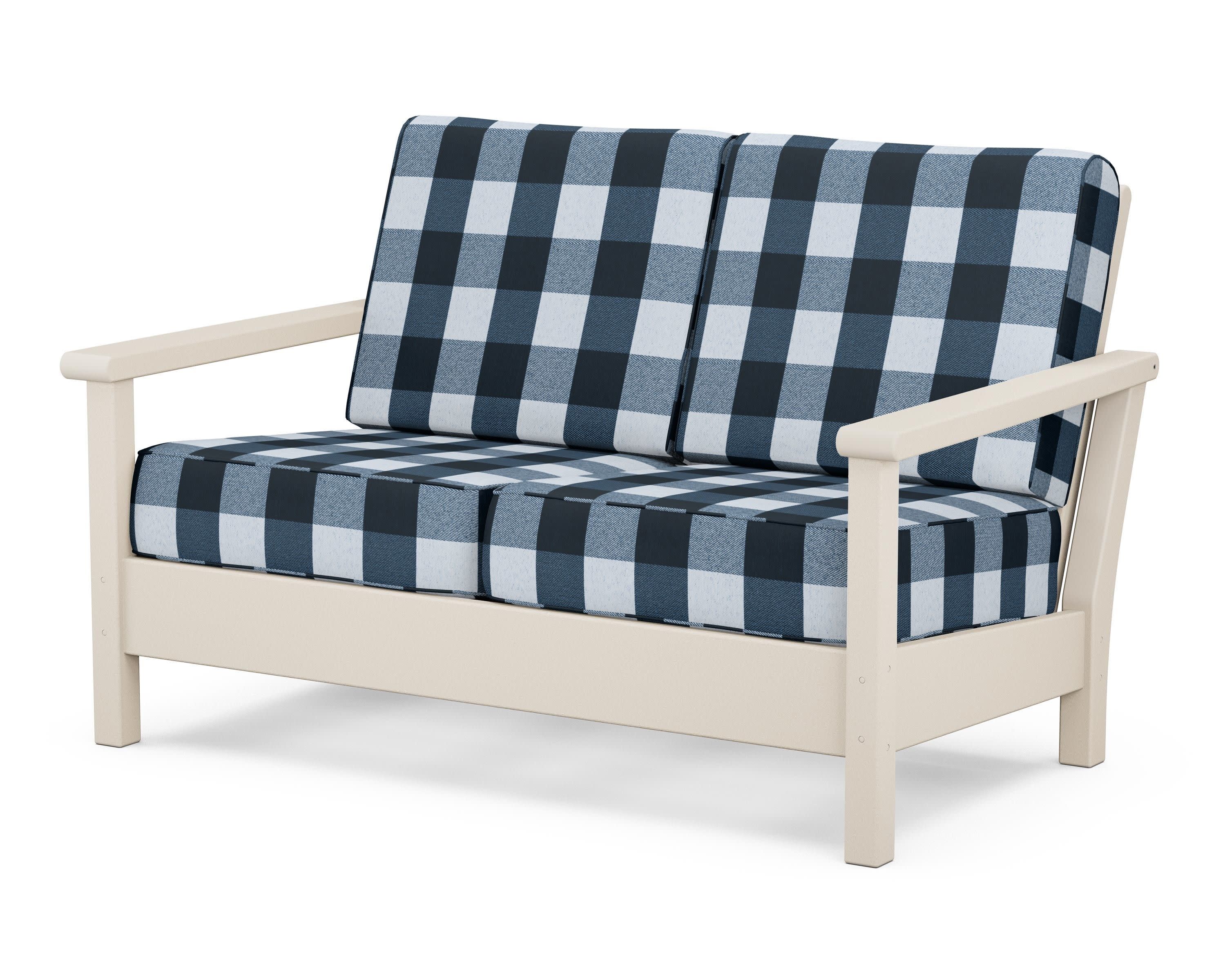 Harbour Deep Seating Loveseat in Sand / Buffalo Plaid Marine Indigo