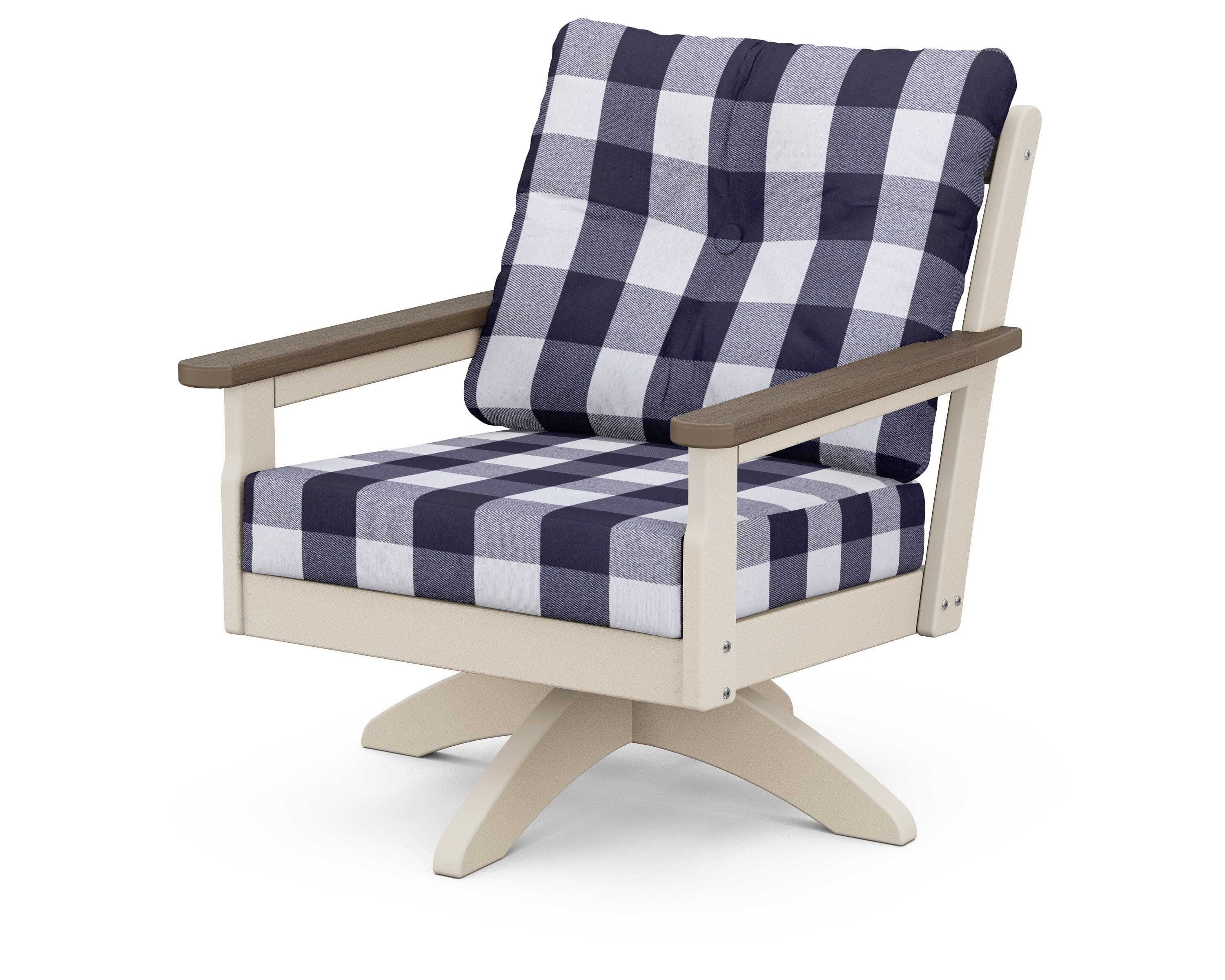 Vineyard Deep Seating Swivel Chair in Sand / Kona / Buffalo Plaid Navy