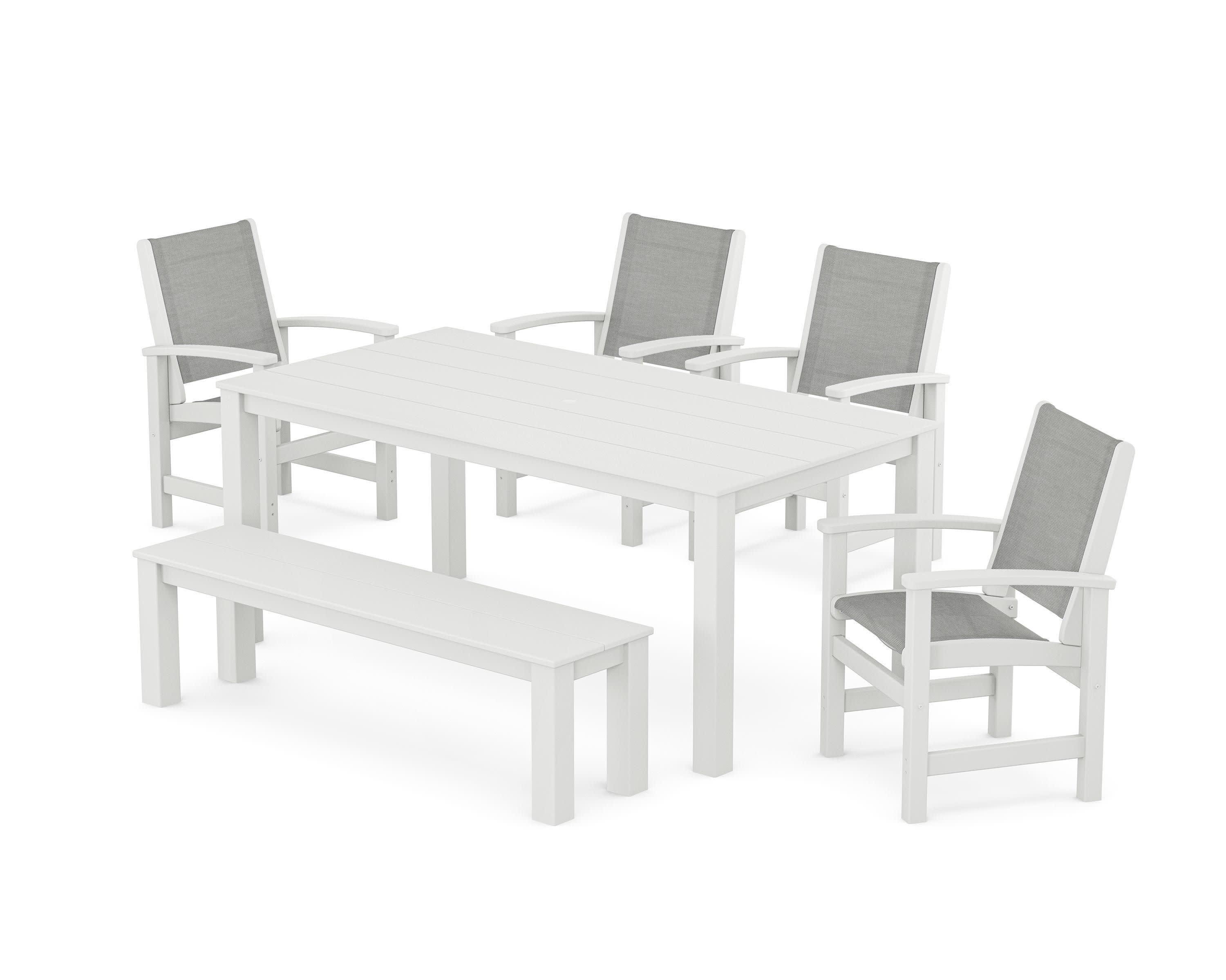 Coastal 6-Piece Parsons Dining Set with Bench in White / Metallic Sling