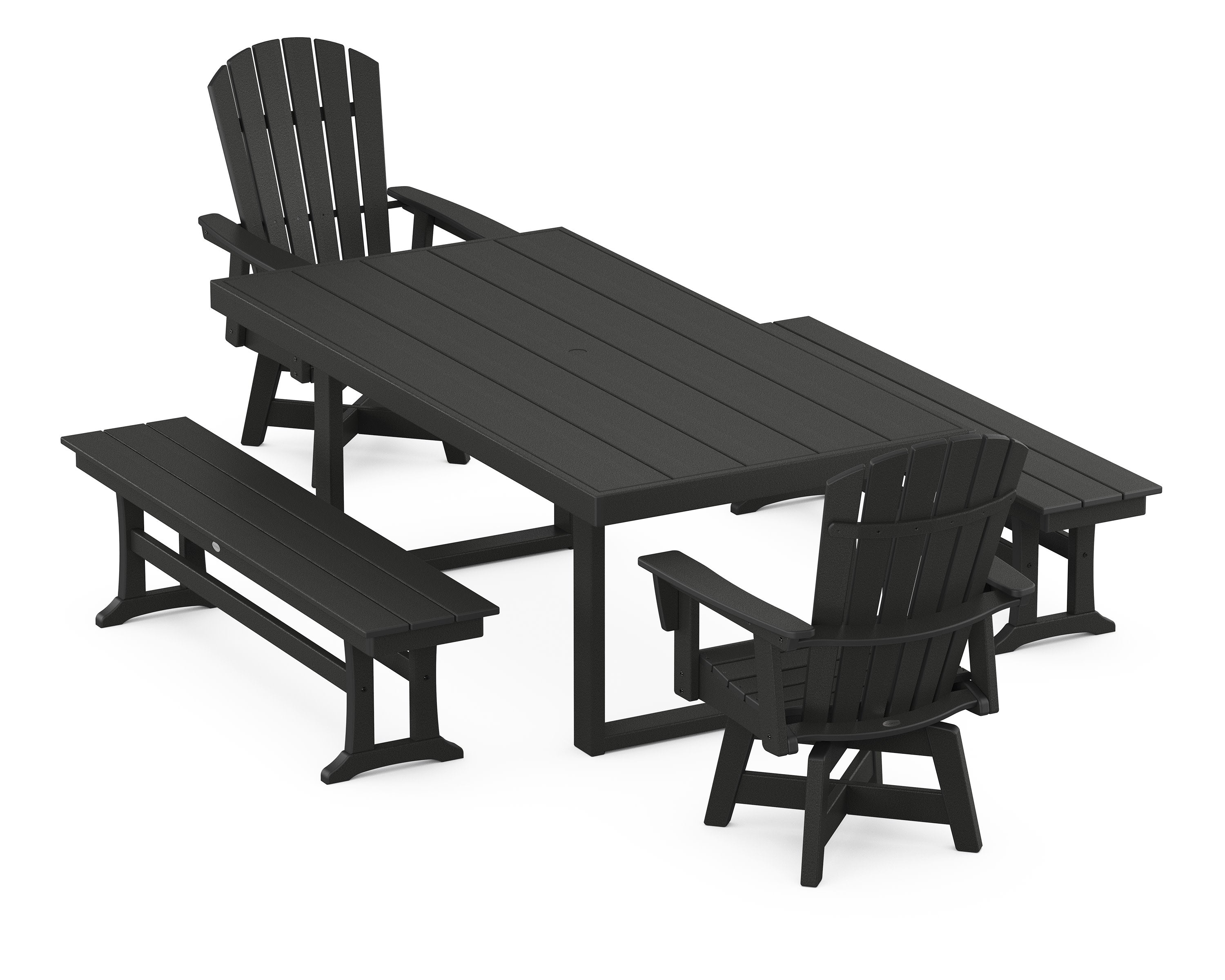 Nautical Curveback Adirondack Swivel Chair 5-Piece Dining Set with Benches in Black