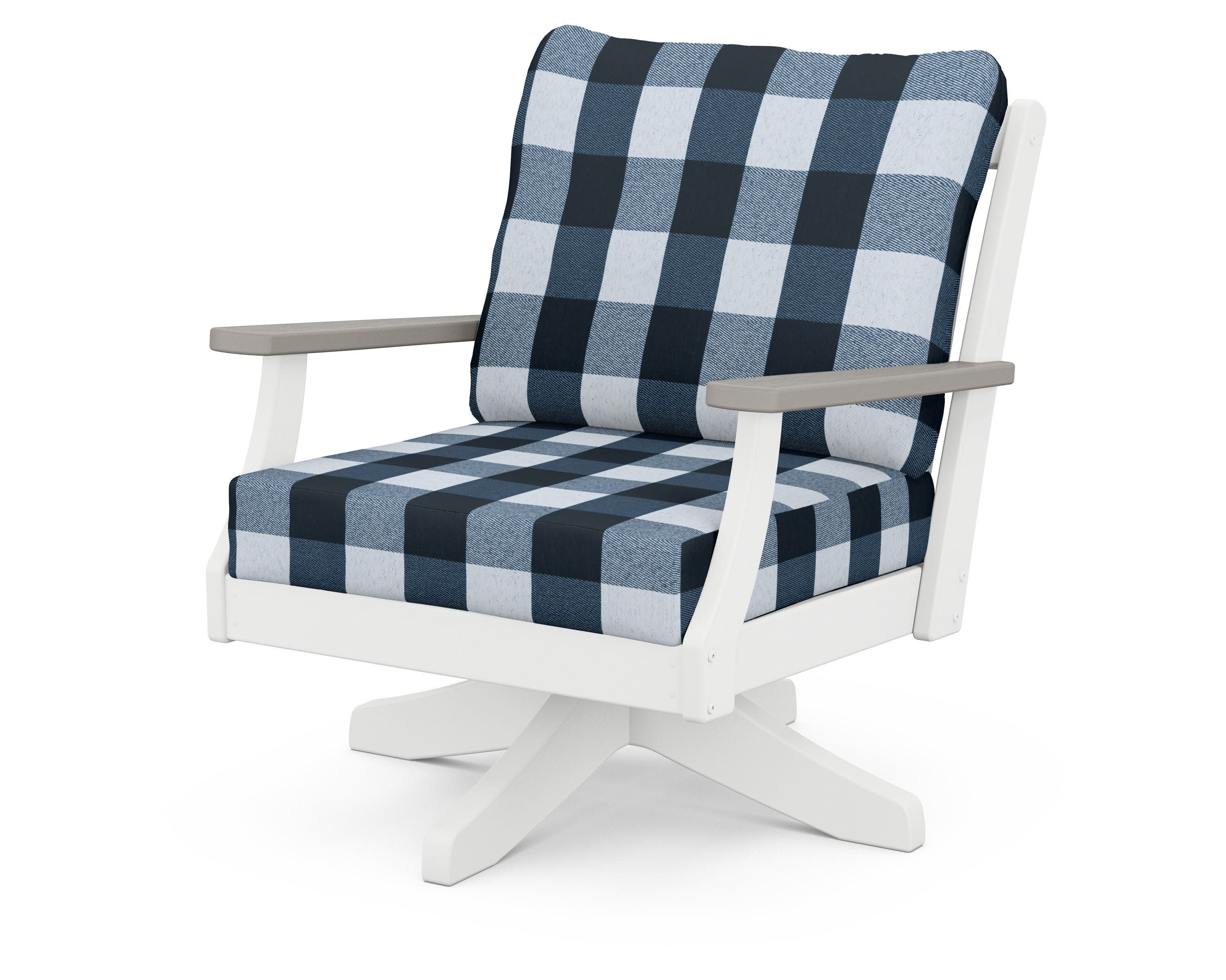 Braxton Deep Seating Swivel Chair in White / Driftwood / Buffalo Plaid Marine Indigo