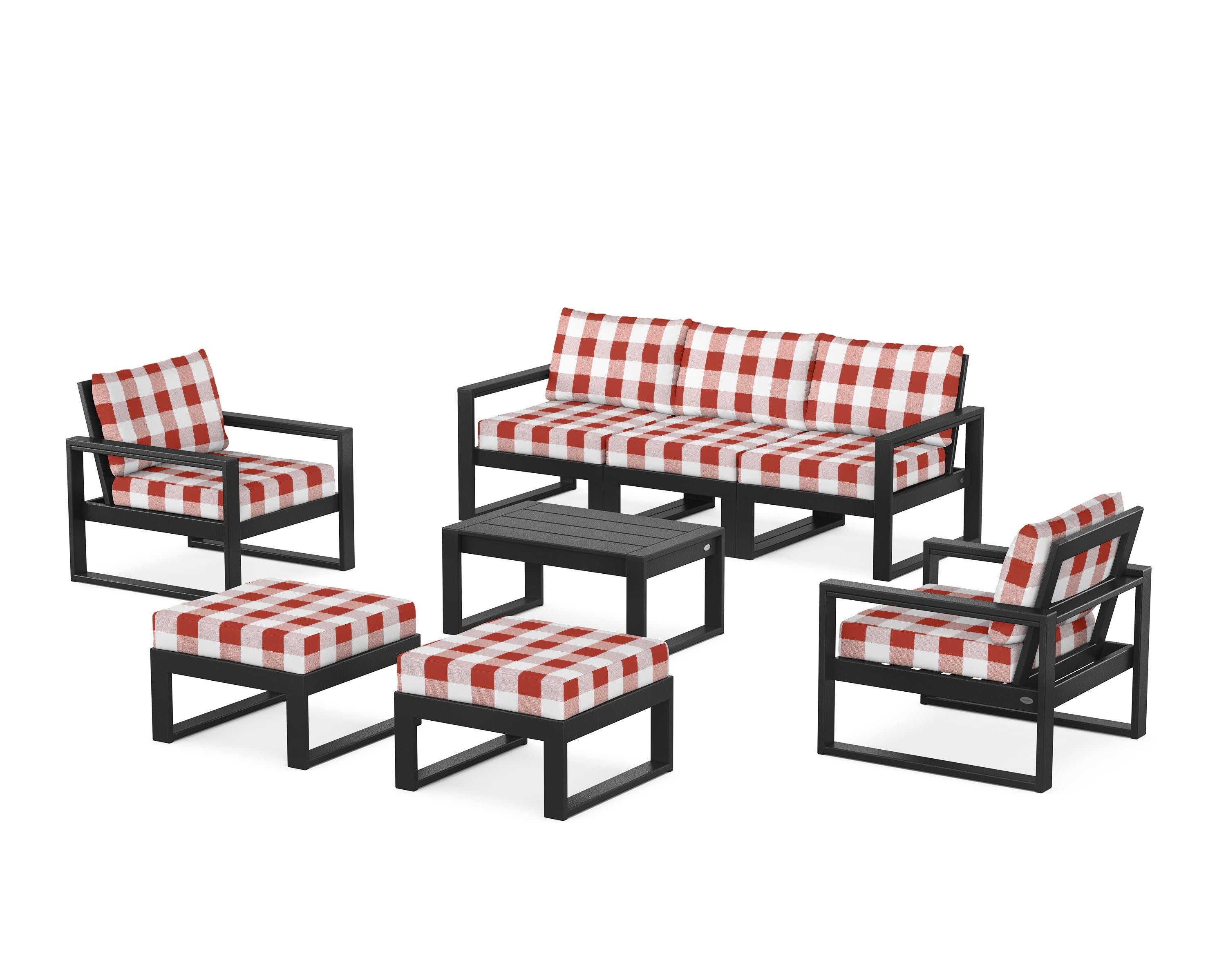 EDGE Sectional 8-Piece Lounge Sofa Set in Black / Buffalo Plaid Crimson