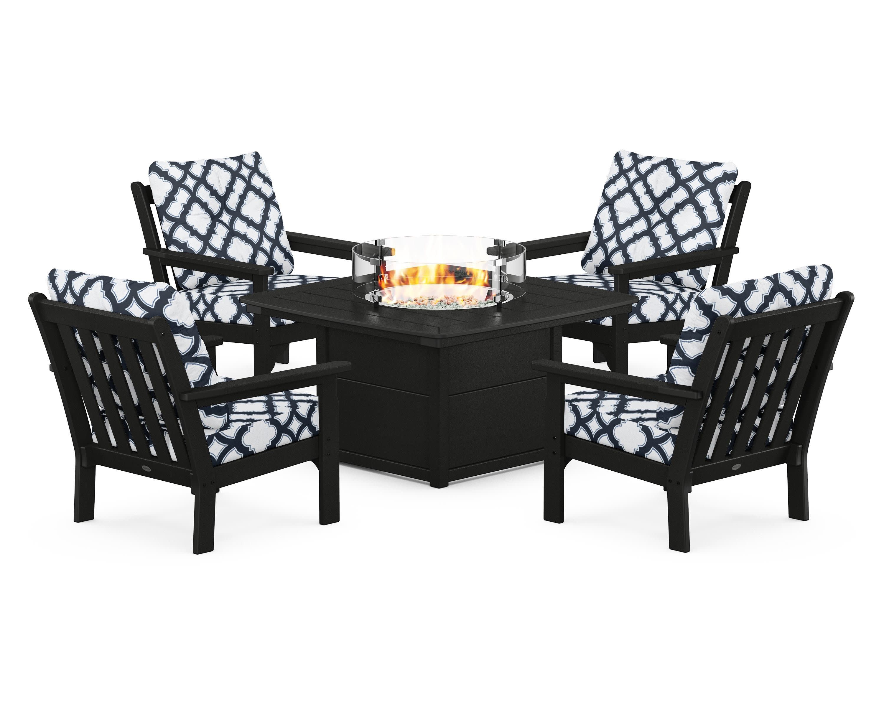 Vineyard 5-Piece Conversation Set with Fire Pit Table in Black / Trellis Marine Indigo
